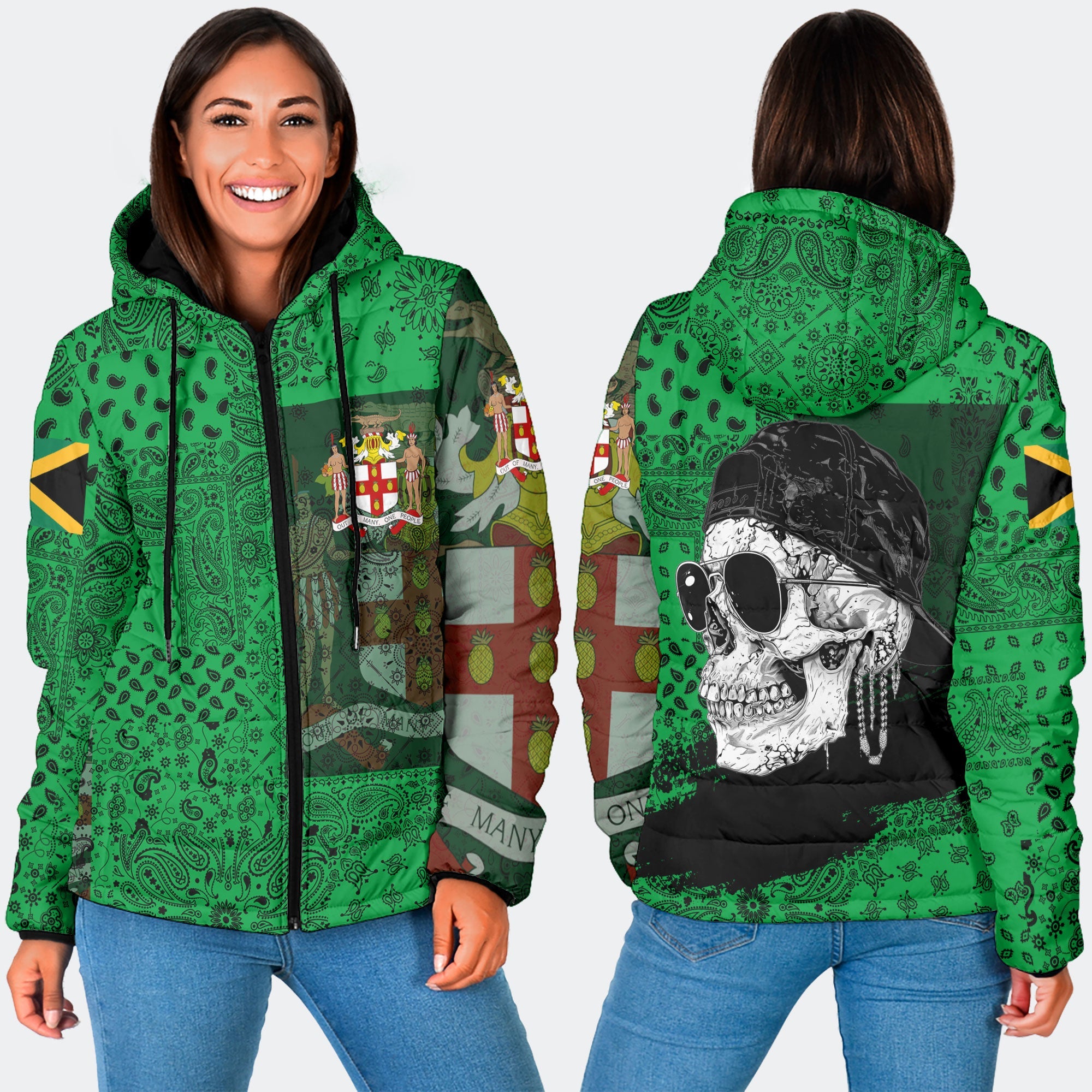 Jamaica Women Hooded Padded Jacket Paisley Flag And Skull Style 3