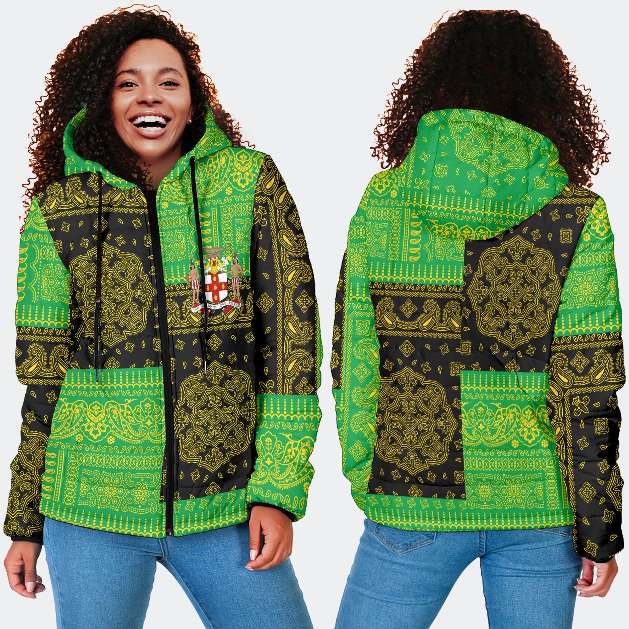 Jamaica Women Hooded Padded Jacket Flag And Paisley Basic Style 4