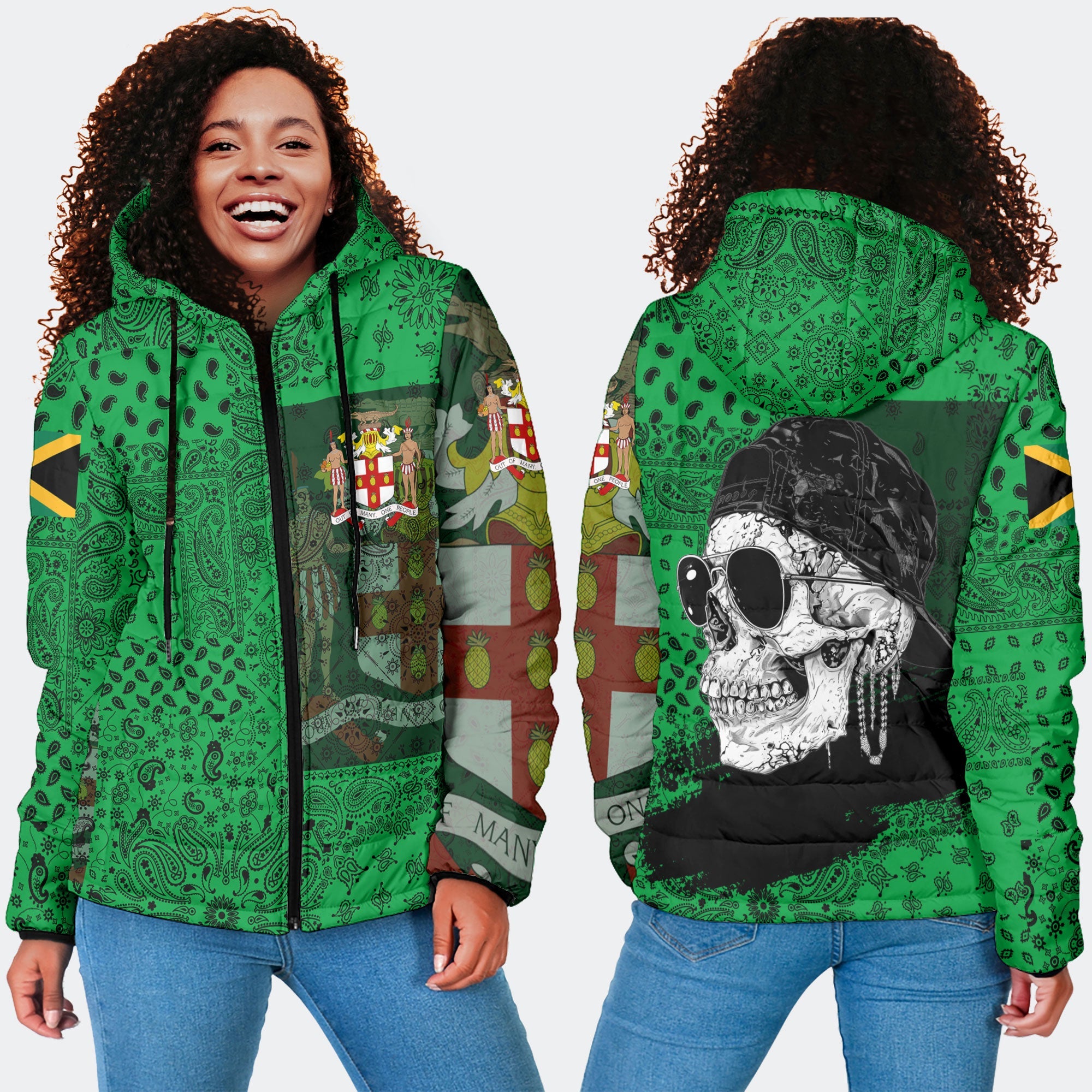 Jamaica Women Hooded Padded Jacket Paisley Flag And Skull Style 4