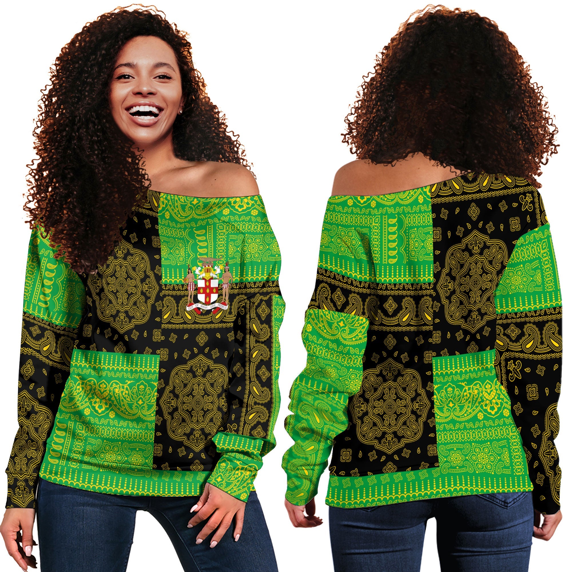 Jamaica Women Off Shoulder Sweatshirt Flag And Paisley Basic Style 1