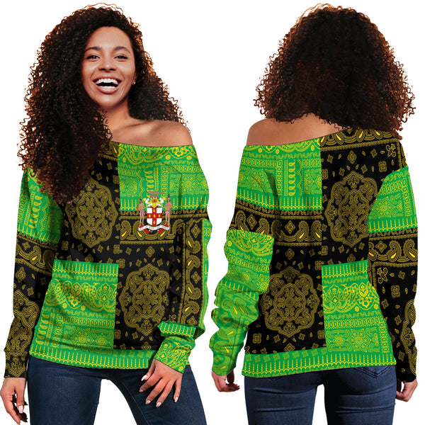 Jamaica Women Off Shoulder Sweatshirt Flag And Paisley Basic Style 1