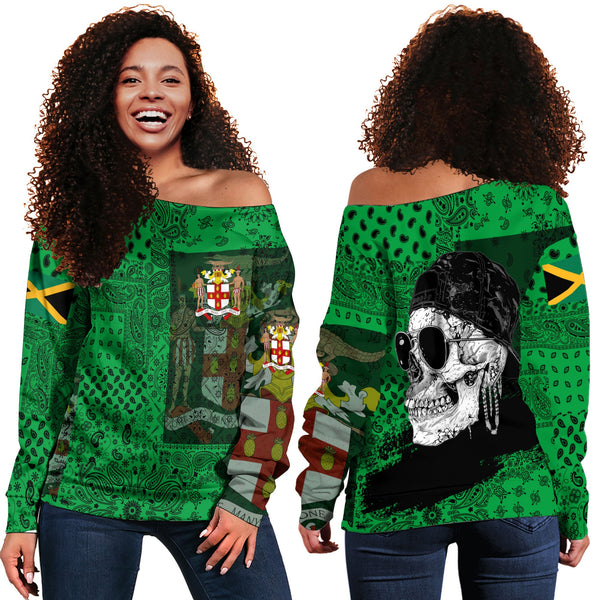 Jamaica Women Off Shoulder Sweatshirt Paisley Flag And Skull Style 1