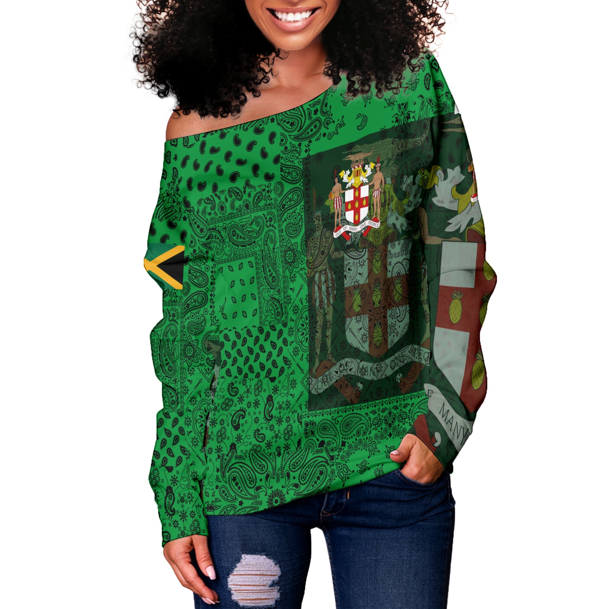 Jamaica Women Off Shoulder Sweatshirt Paisley Flag And Skull Style 2