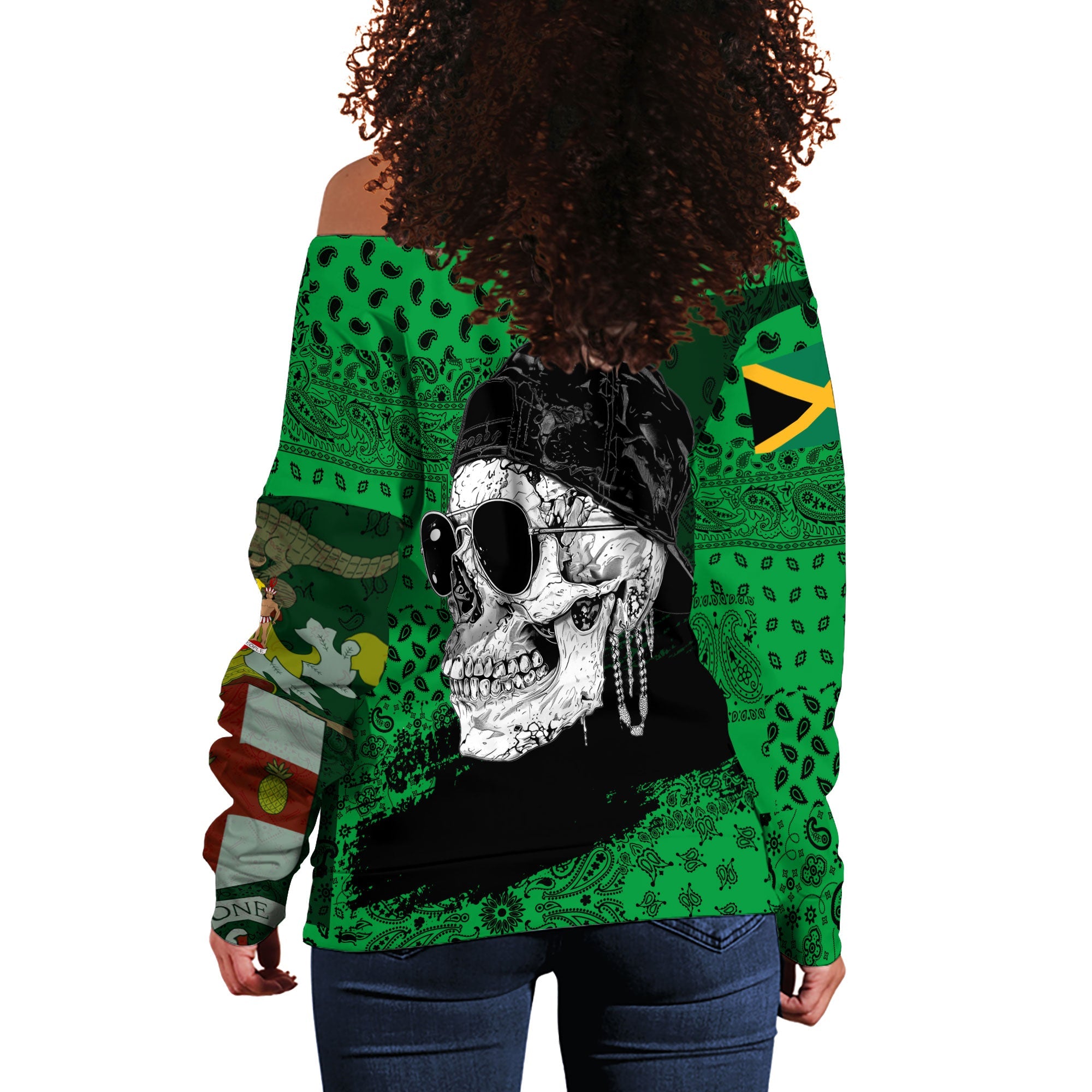 Jamaica Women Off Shoulder Sweatshirt Paisley Flag And Skull Style 3