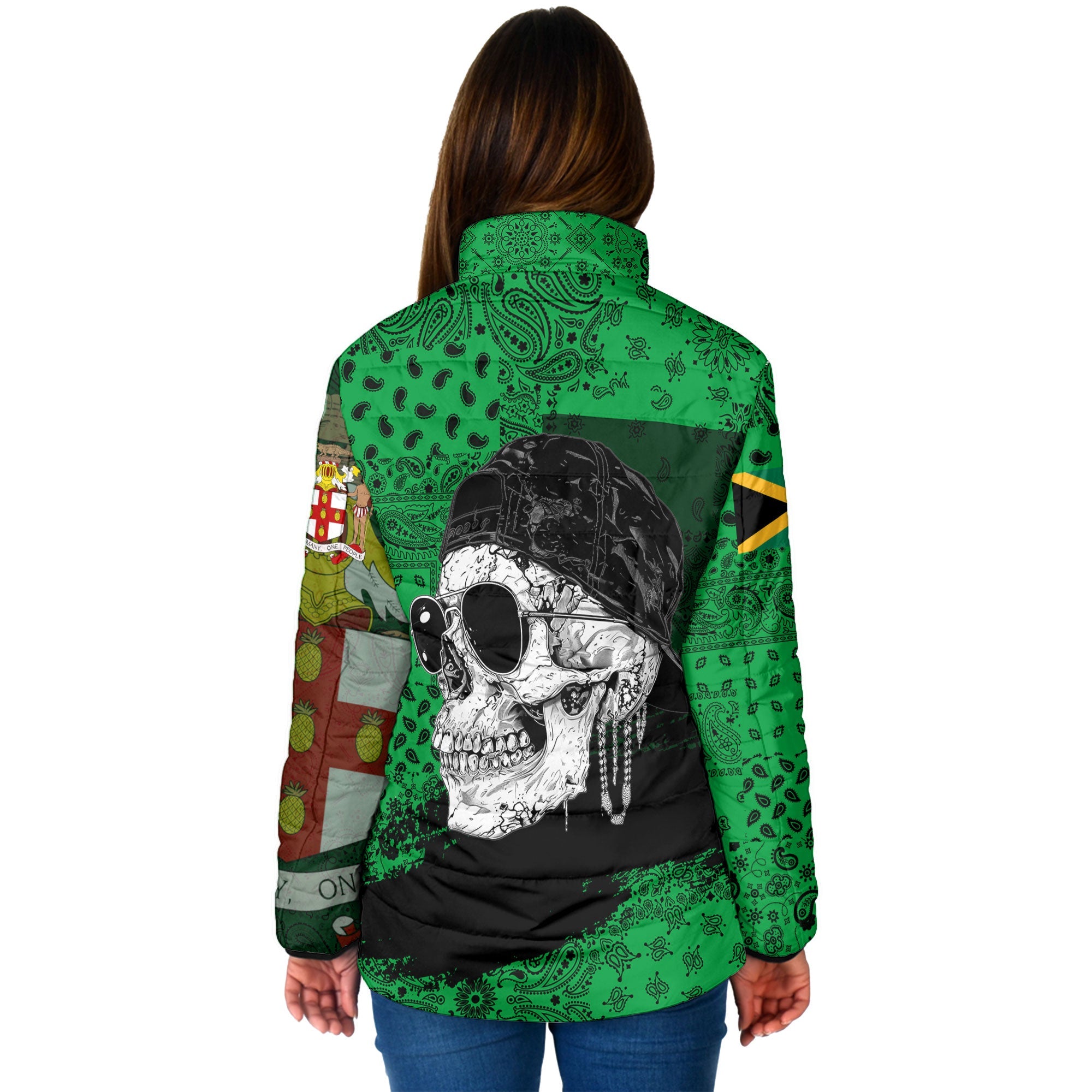 Jamaica Women Padded Jacket Paisley Flag And Skull Style 2