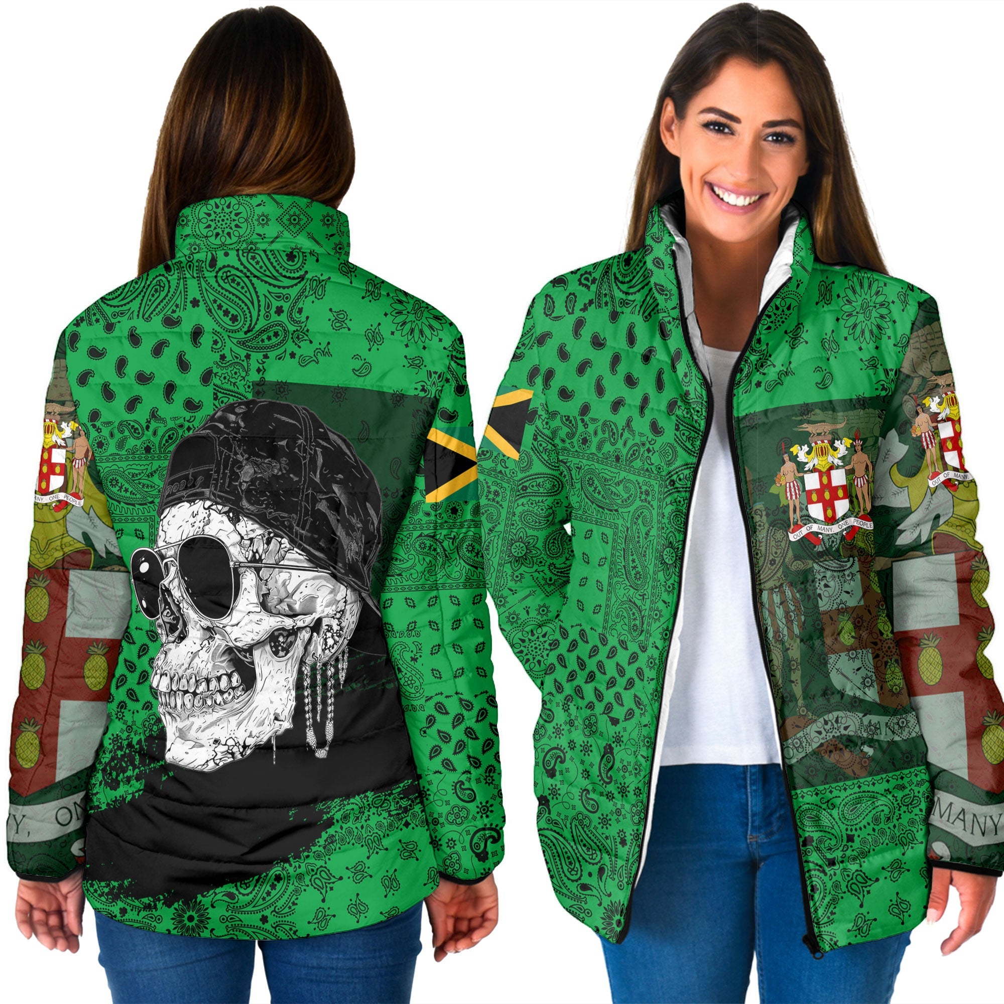 Jamaica Women Padded Jacket Paisley Flag And Skull Style 3