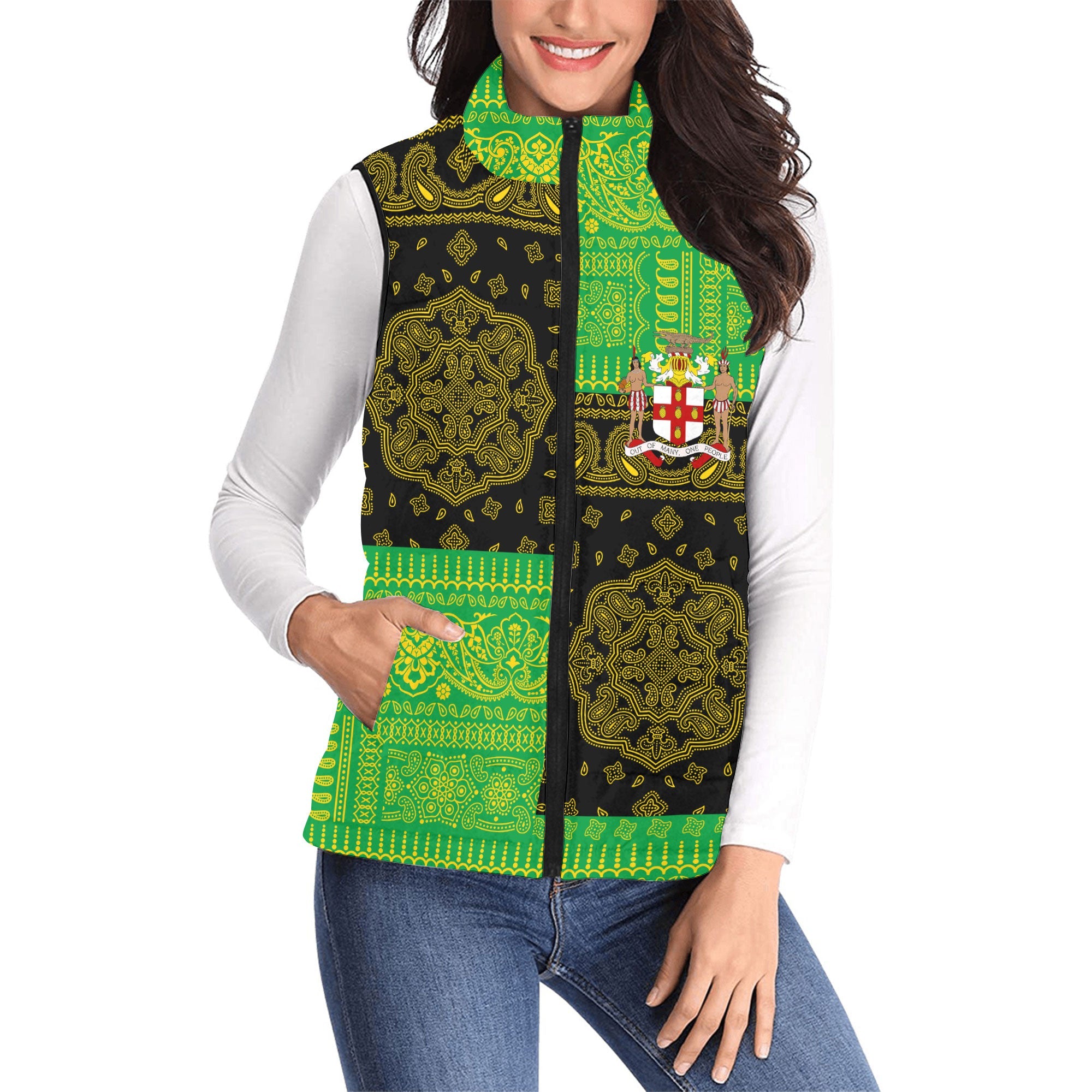 Jamaica Women Padded Jacket Vest Flag And Paisley Basic Style 1