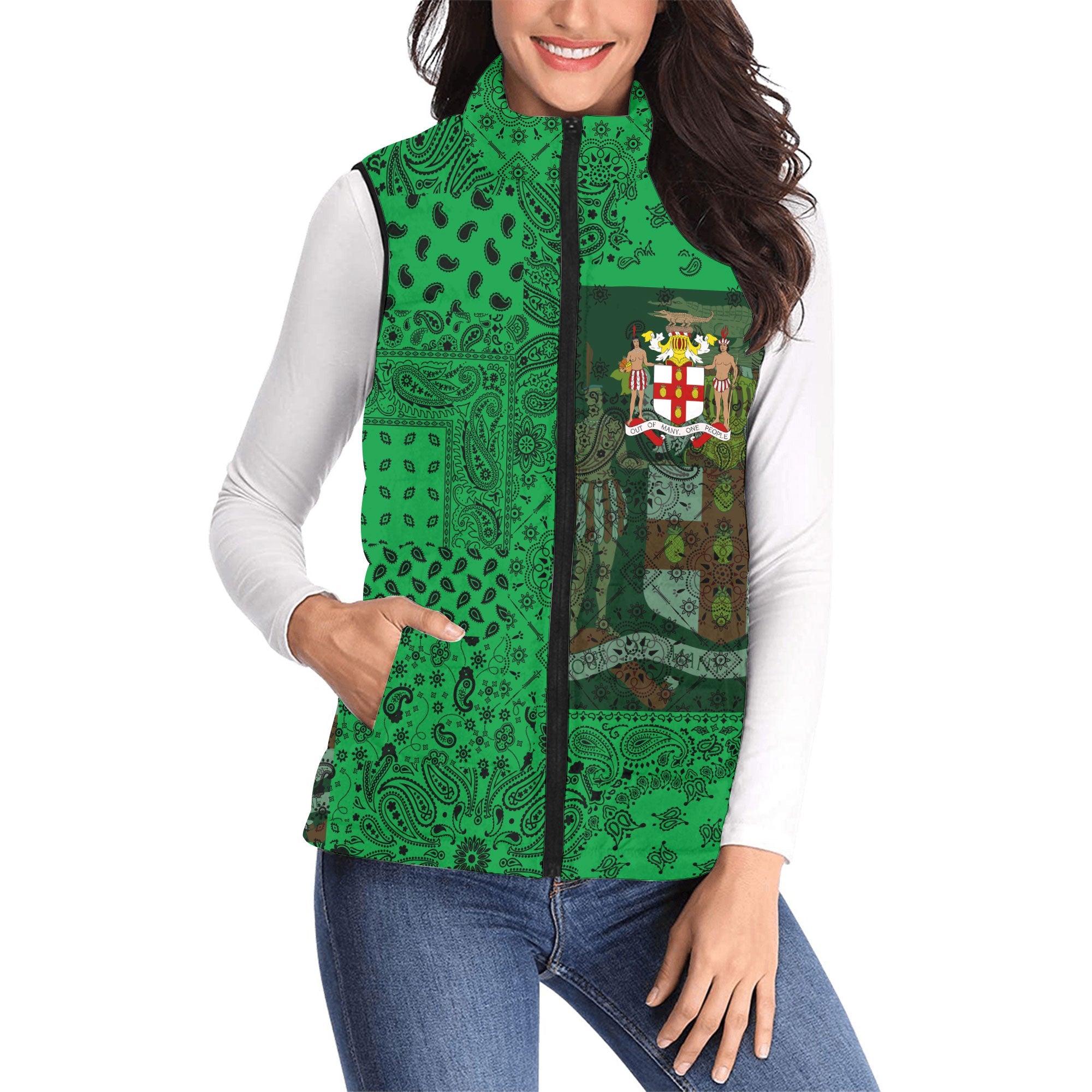 Jamaica Women Padded Jacket Vest Paisley Flag And Skull Style 1