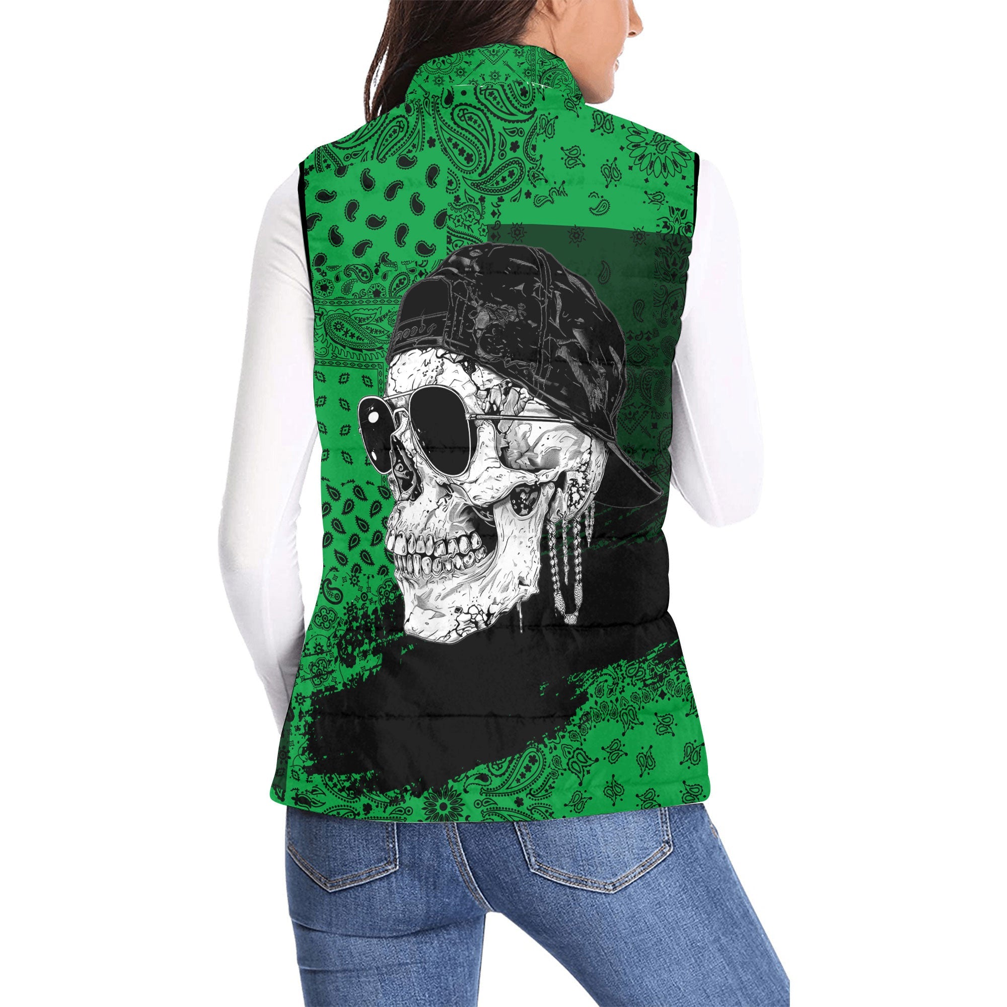 Jamaica Women Padded Jacket Vest Paisley Flag And Skull Style 2