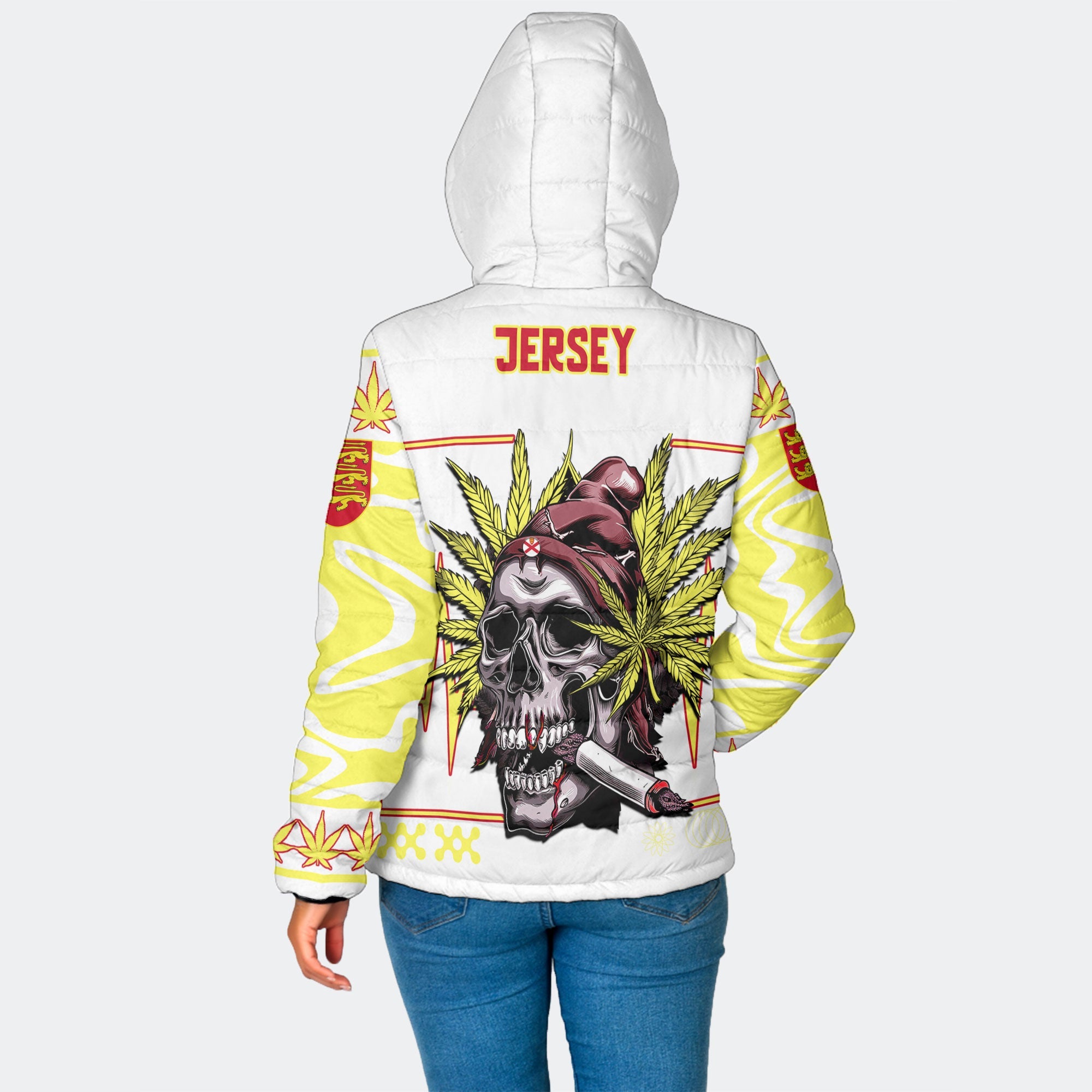 Jersey Women Hooded Padded Jacket Flag & Coat Of Arms Marijuanas Style