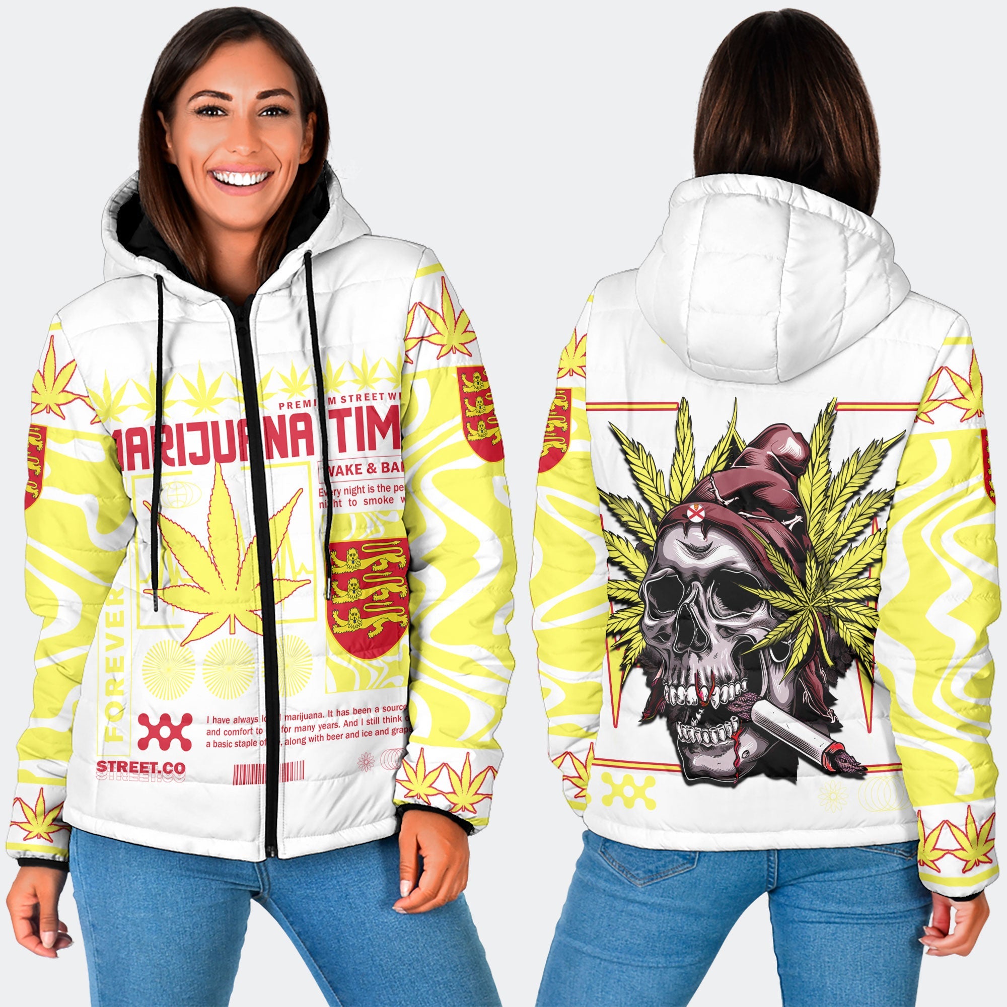 Jersey Women Hooded Padded Jacket Flag & Coat Of Arms Marijuanas Style