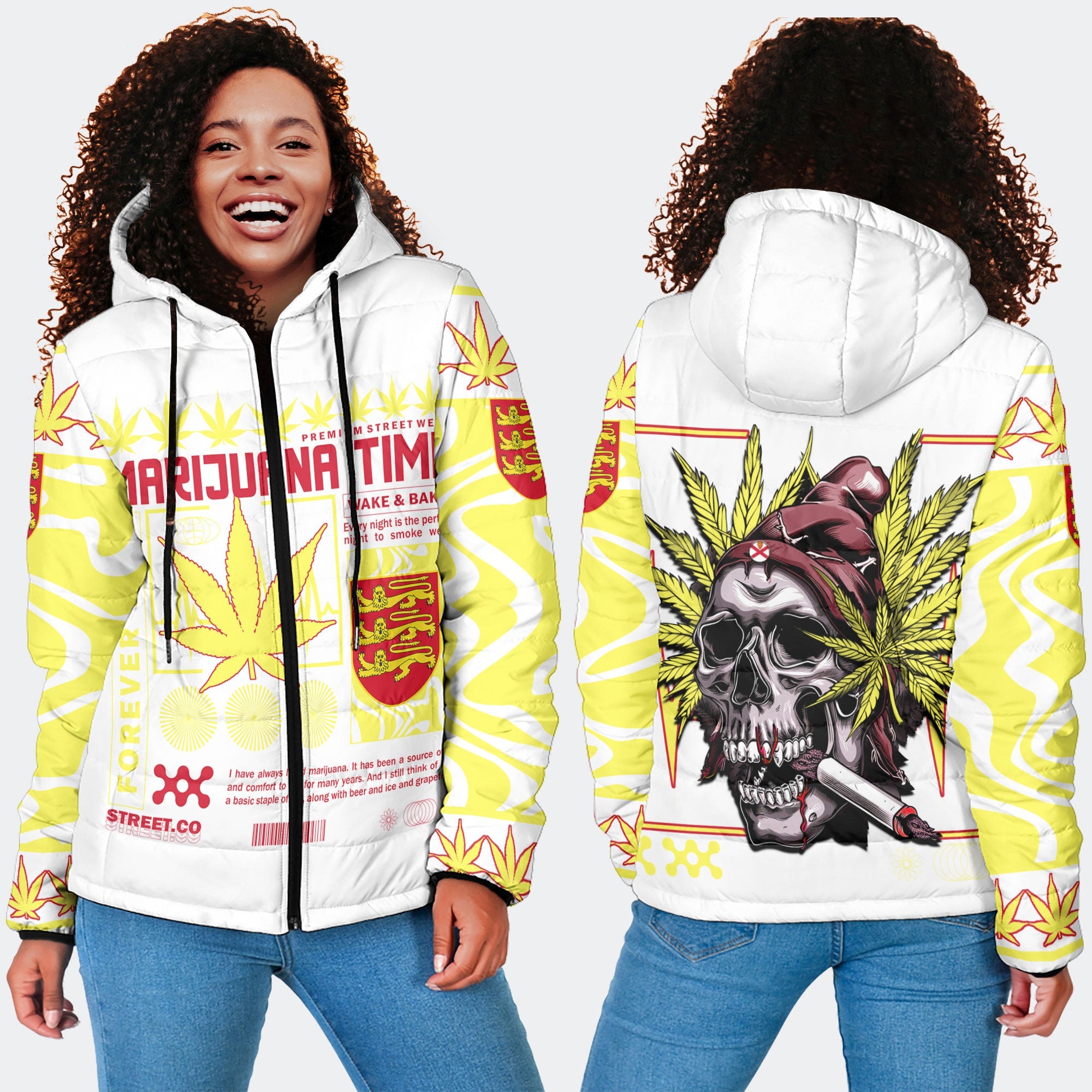 Jersey Women Hooded Padded Jacket Flag & Coat Of Arms Marijuanas Style