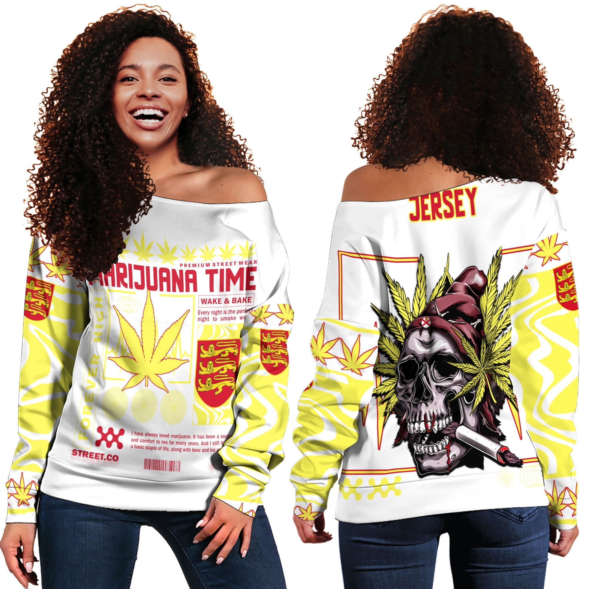 Jersey Women Off Shoulder Sweatshirt Flag & Coat Of Arms Marijuanas Style