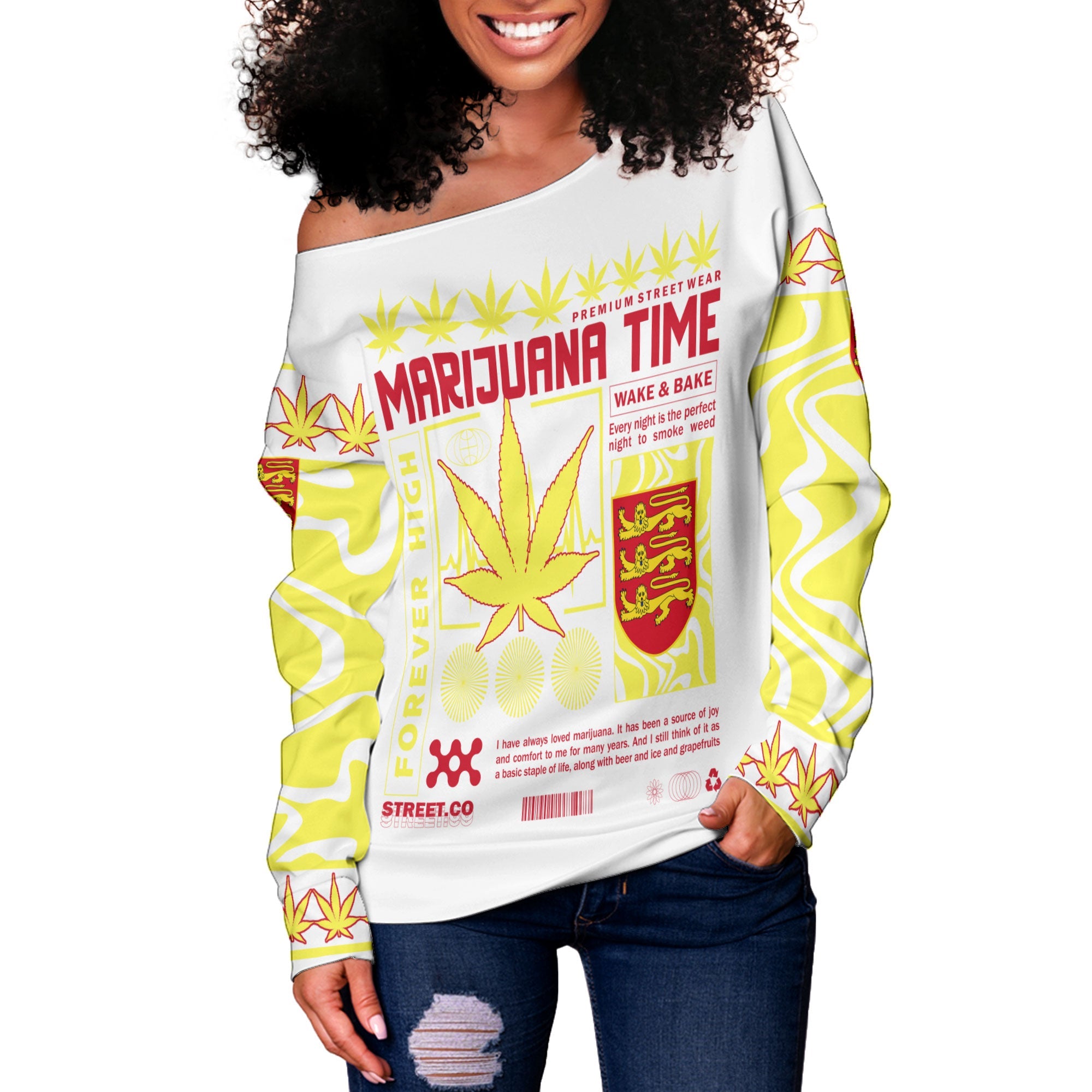 Jersey Women Off Shoulder Sweatshirt Flag & Coat Of Arms Marijuanas Style