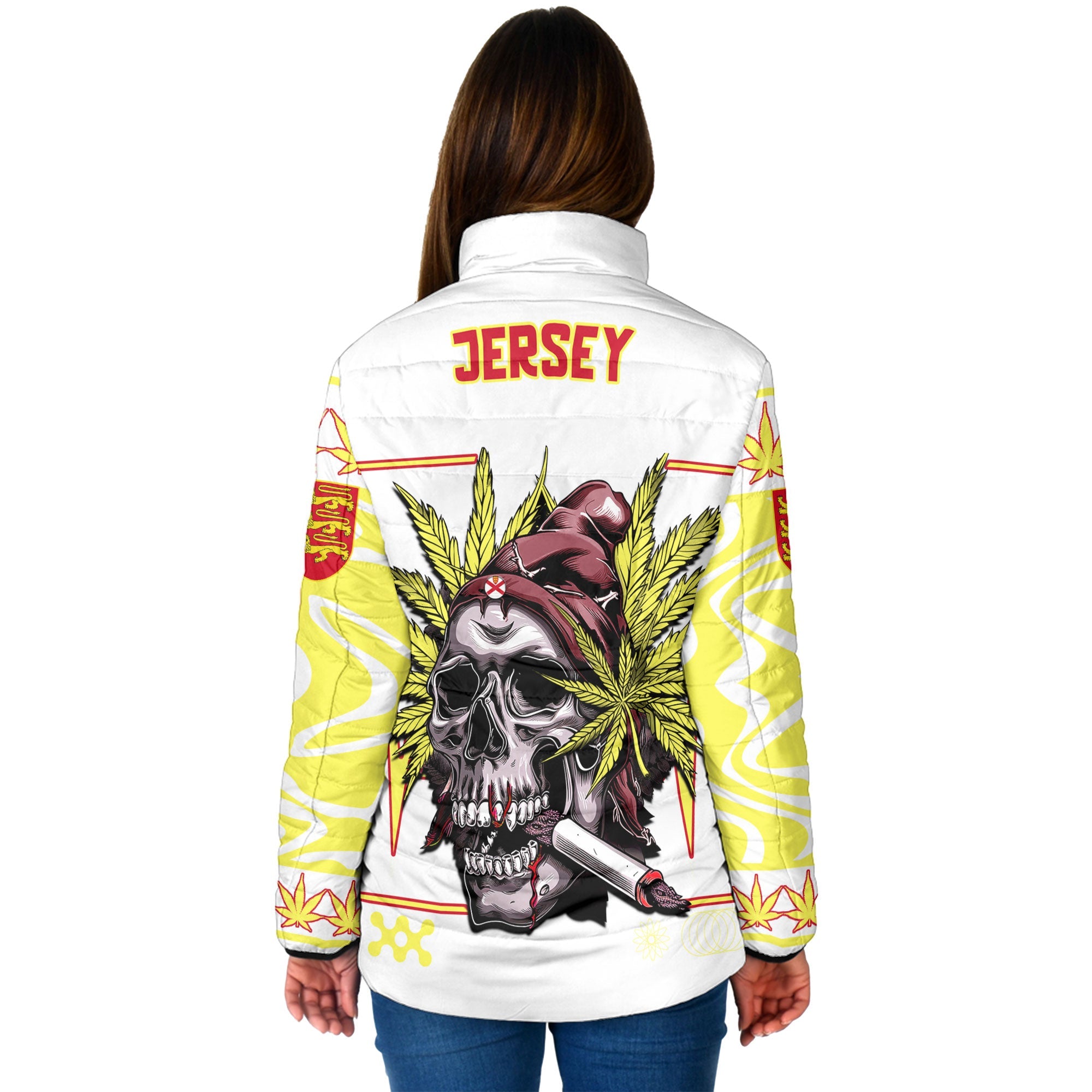 Jersey Women Padded Jacket Flag & Coat Of Arms Marijuanas Style