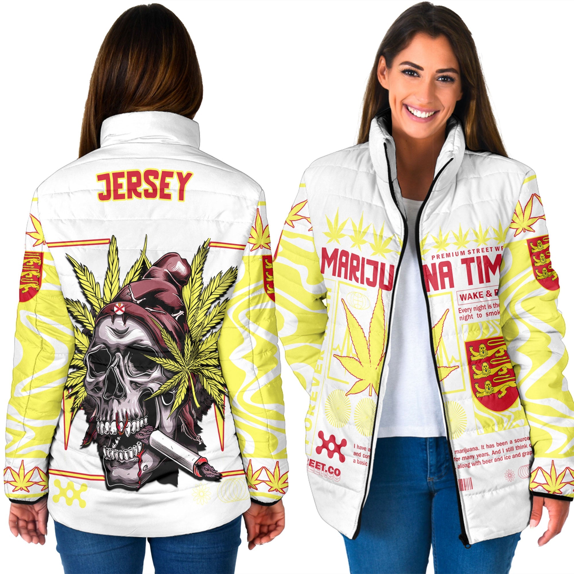 Jersey Women Padded Jacket Flag & Coat Of Arms Marijuanas Style