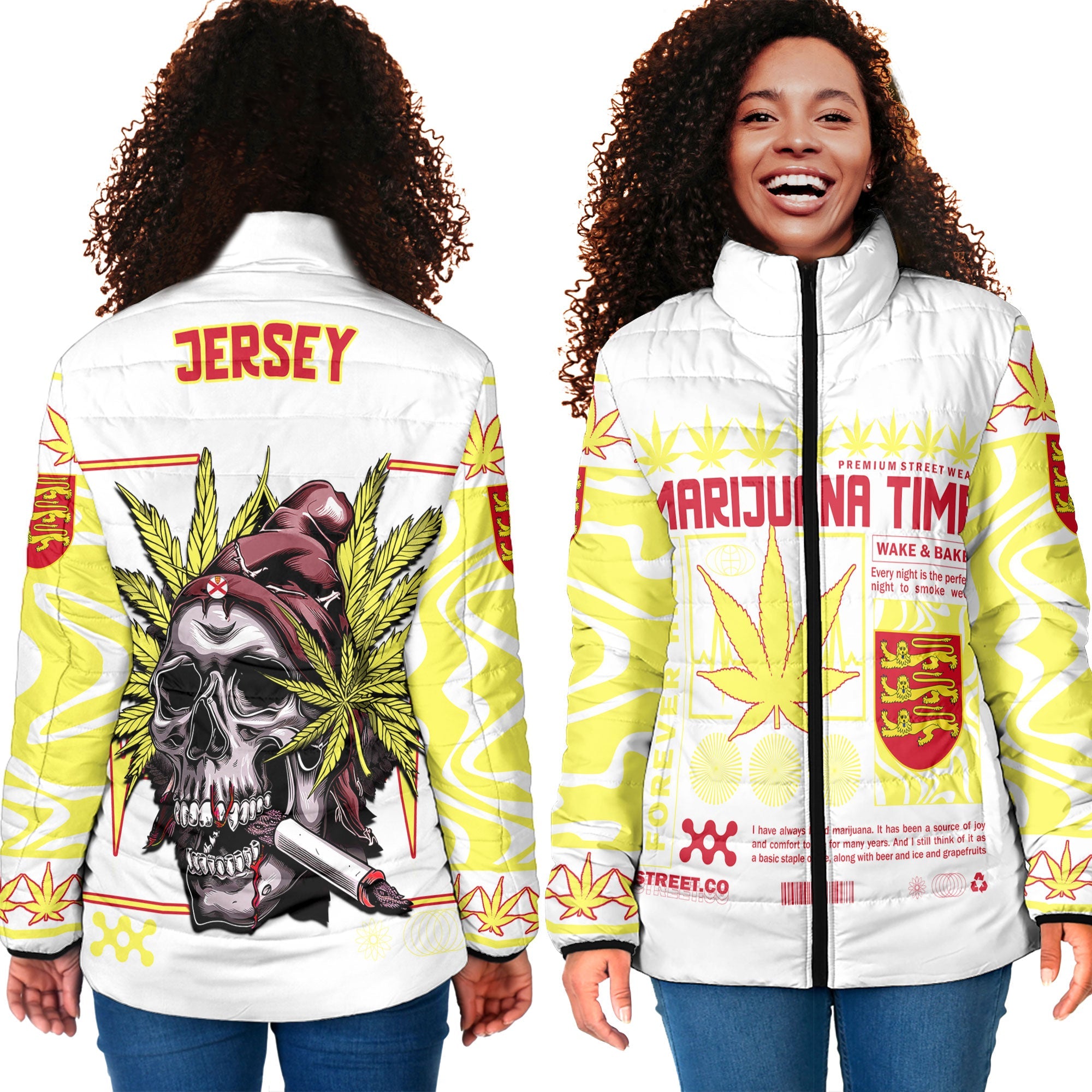 Jersey Women Padded Jacket Flag & Coat Of Arms Marijuanas Style