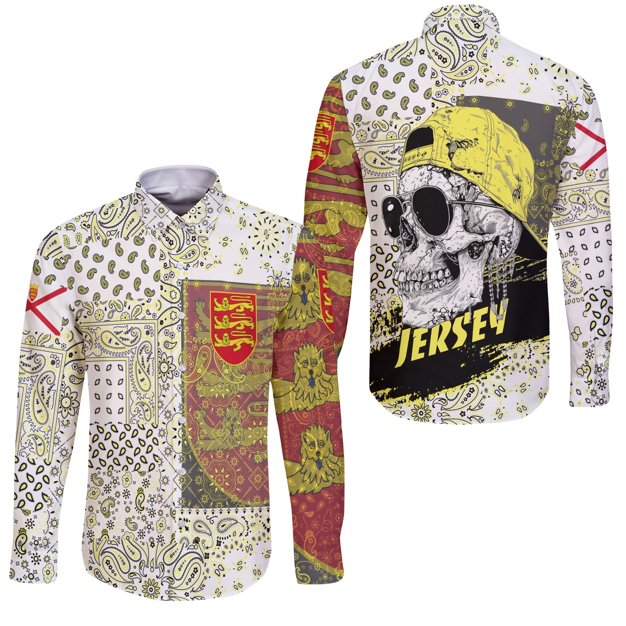 Jersey Long Sleeve Button Shirt Paisley Flag And Skull Style 3