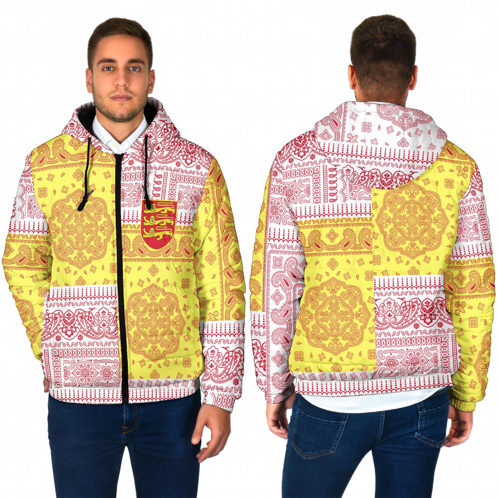 Jersey Men Hooded Padded Jacket Flag And Paisley Basic Style 1