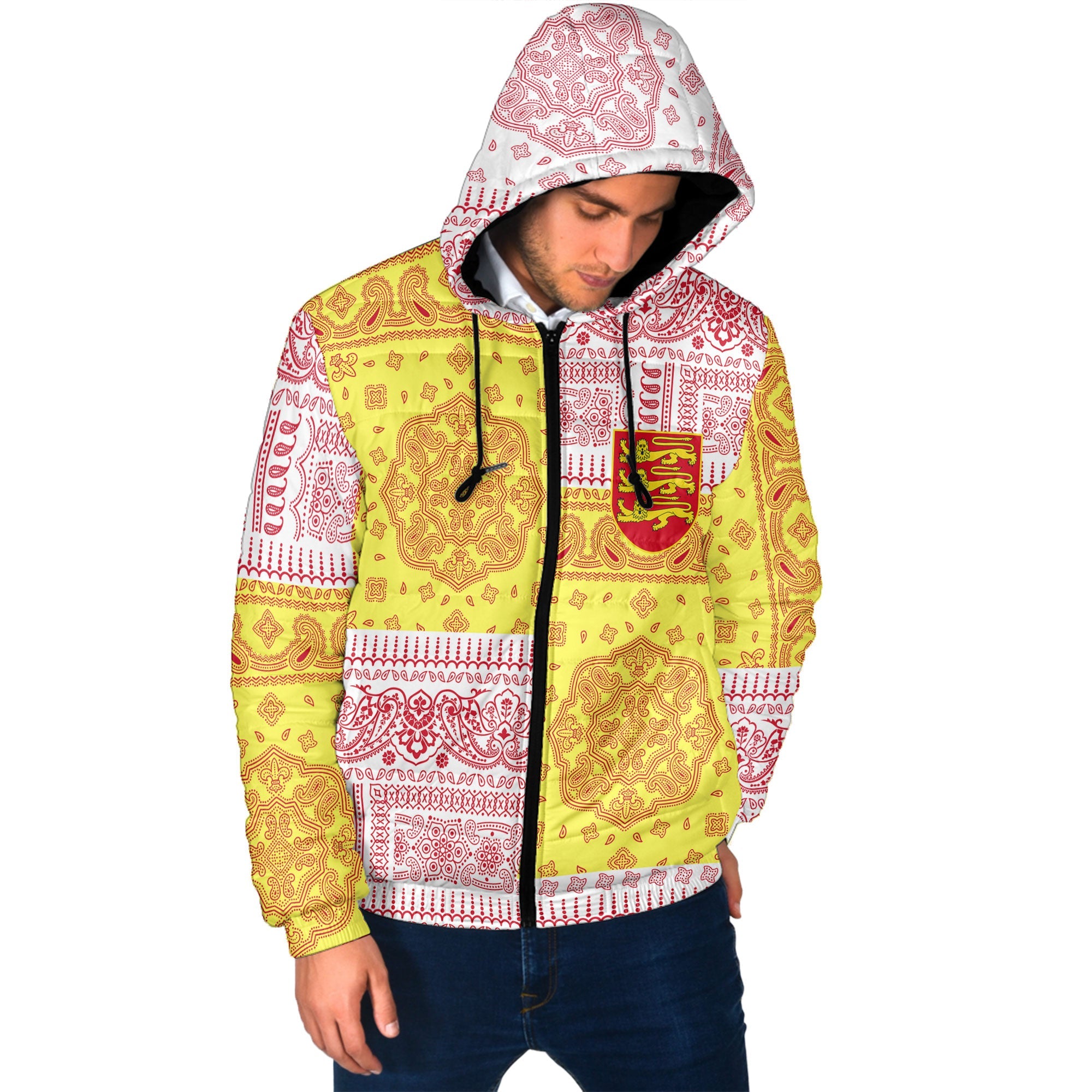 Jersey Men Hooded Padded Jacket Flag And Paisley Basic Style 2