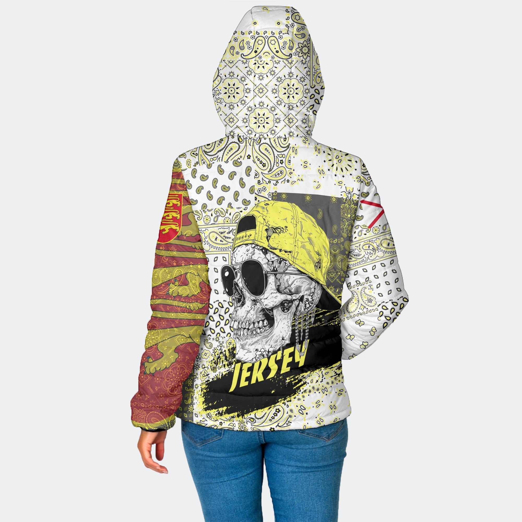 Jersey Women Hooded Padded Jacket Paisley Flag And Skull Style 2