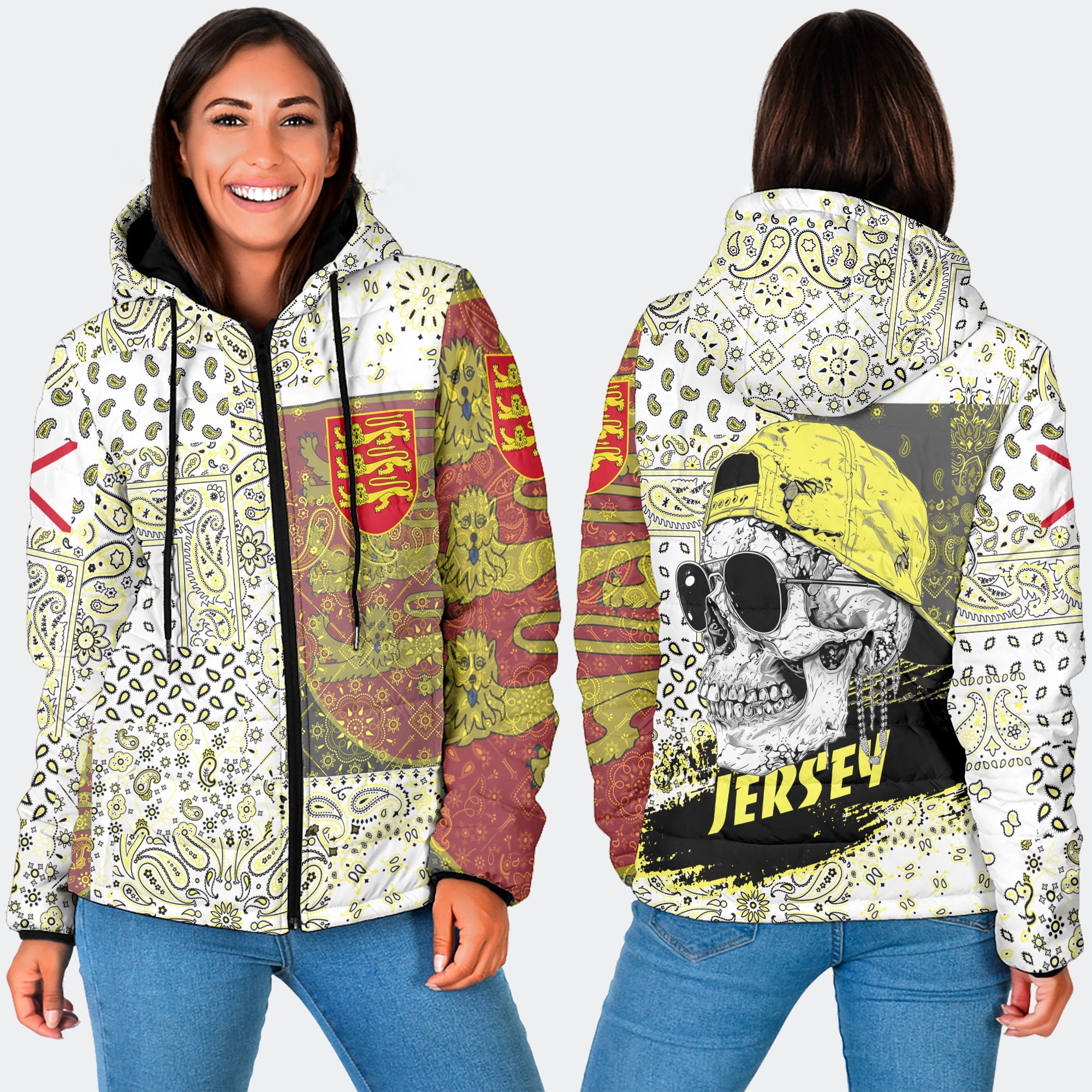 Jersey Women Hooded Padded Jacket Paisley Flag And Skull Style 3