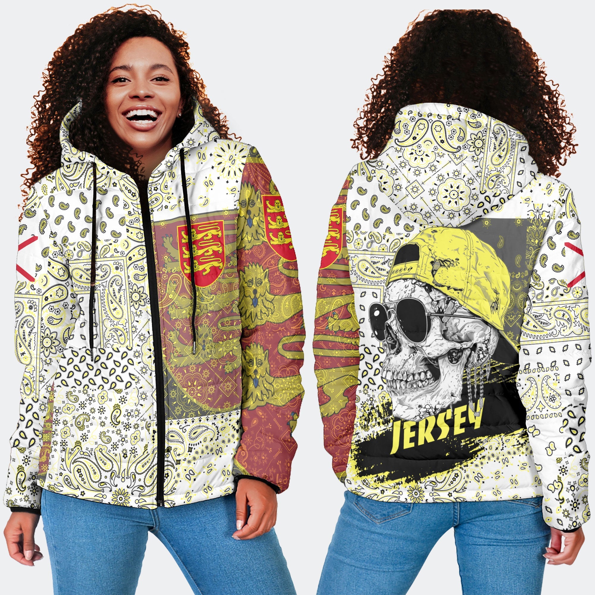 Jersey Women Hooded Padded Jacket Paisley Flag And Skull Style 4