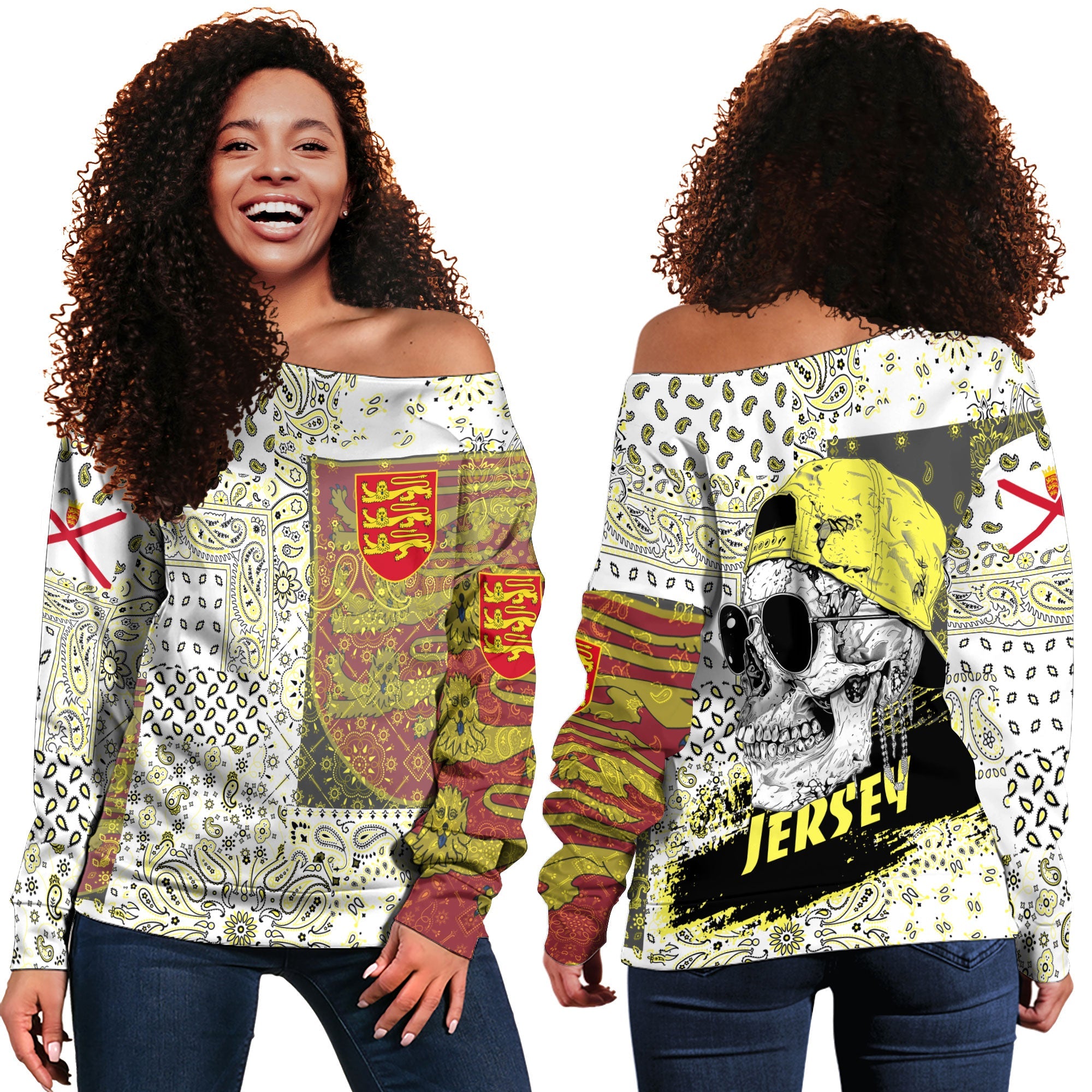 Jersey Women Off Shoulder Sweatshirt Paisley Flag And Skull Style 1