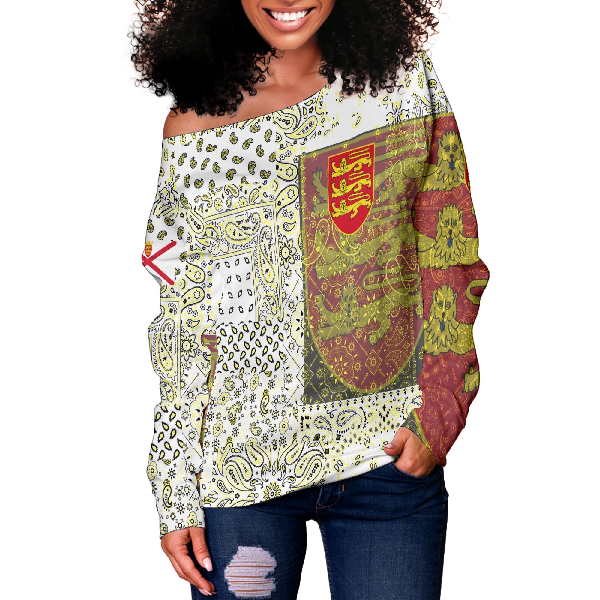 Jersey Women Off Shoulder Sweatshirt Paisley Flag And Skull Style 2