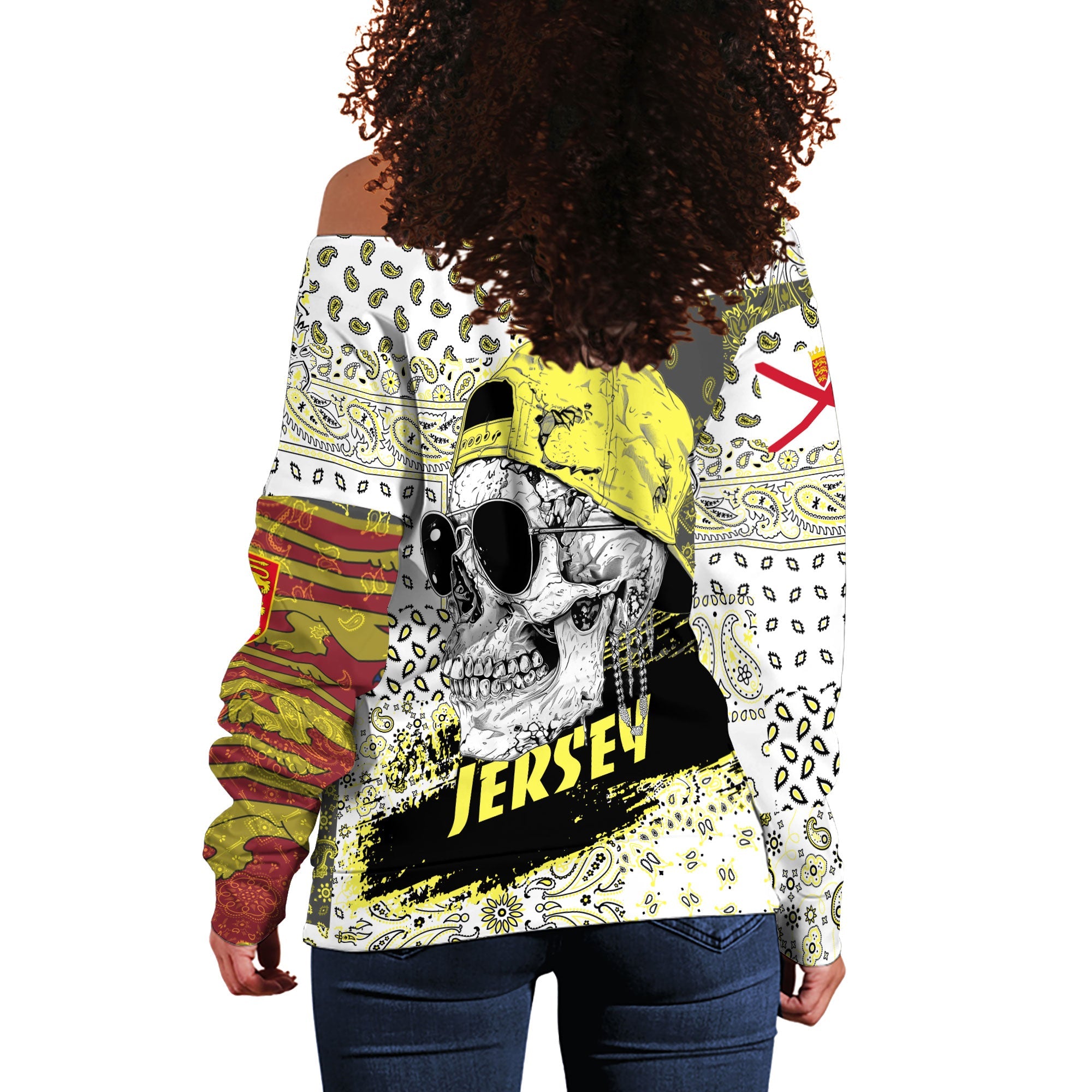 Jersey Women Off Shoulder Sweatshirt Paisley Flag And Skull Style 3