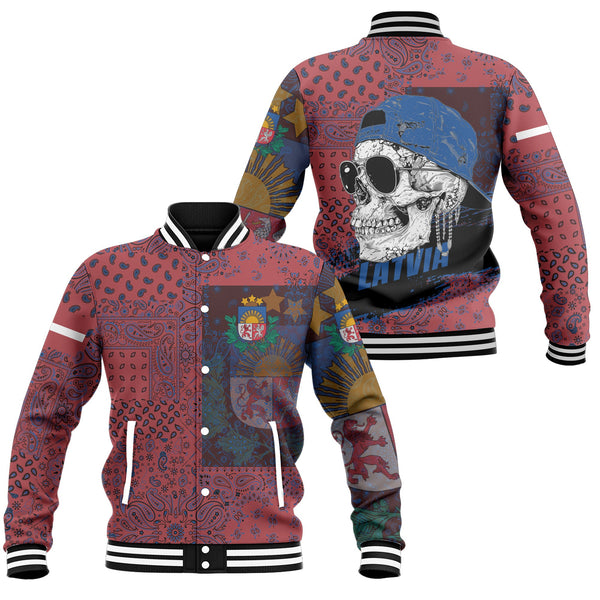 Latvia Baseball Jacket Paisley Flag And Skull Style 1