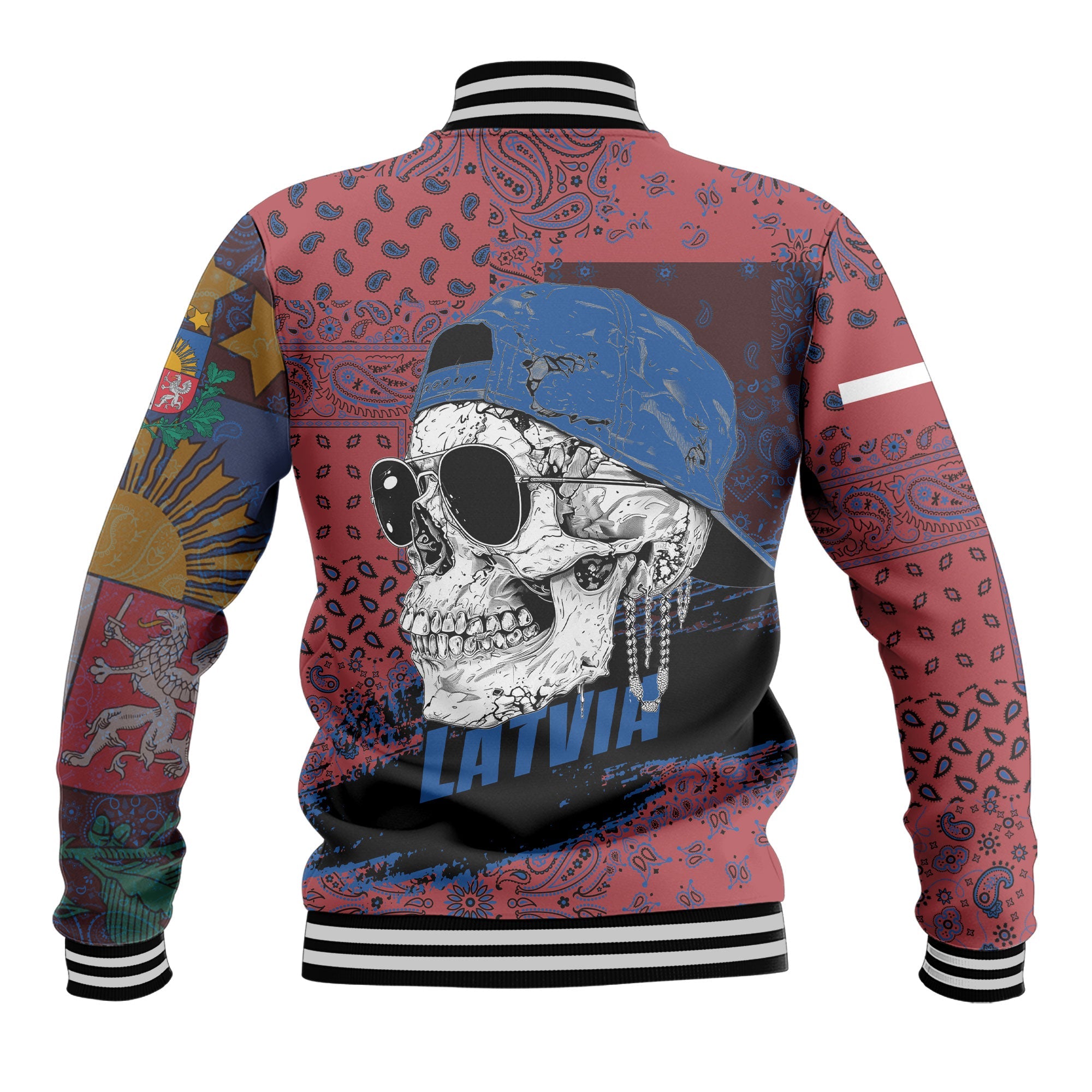 Latvia Baseball Jacket Paisley Flag And Skull Style 3