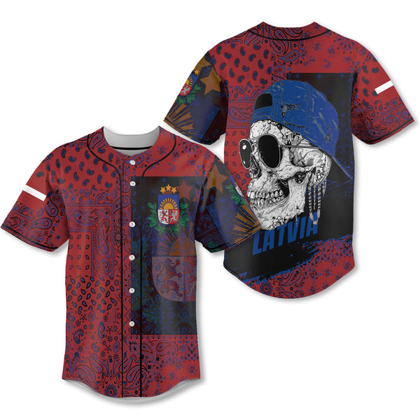 Latvia Baseball Jersey Paisley Flag And Skull Style 1