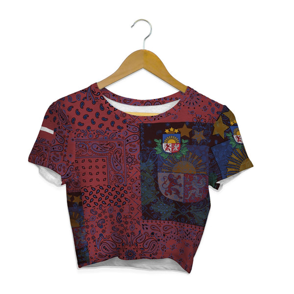 Latvia Croptop T Shirt Paisley Flag And Skull Style 1