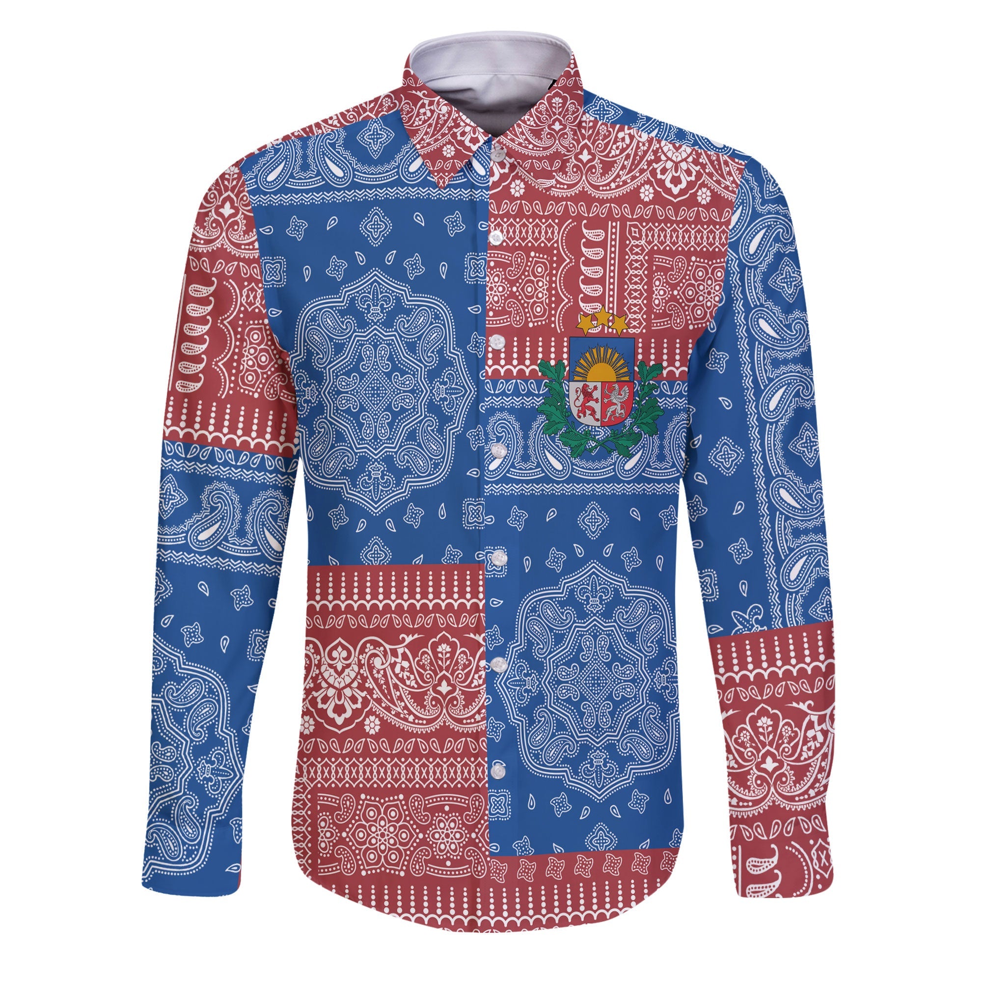 Latvia Long Sleeve Button Shirt Flag And Paisley Basic Style 1