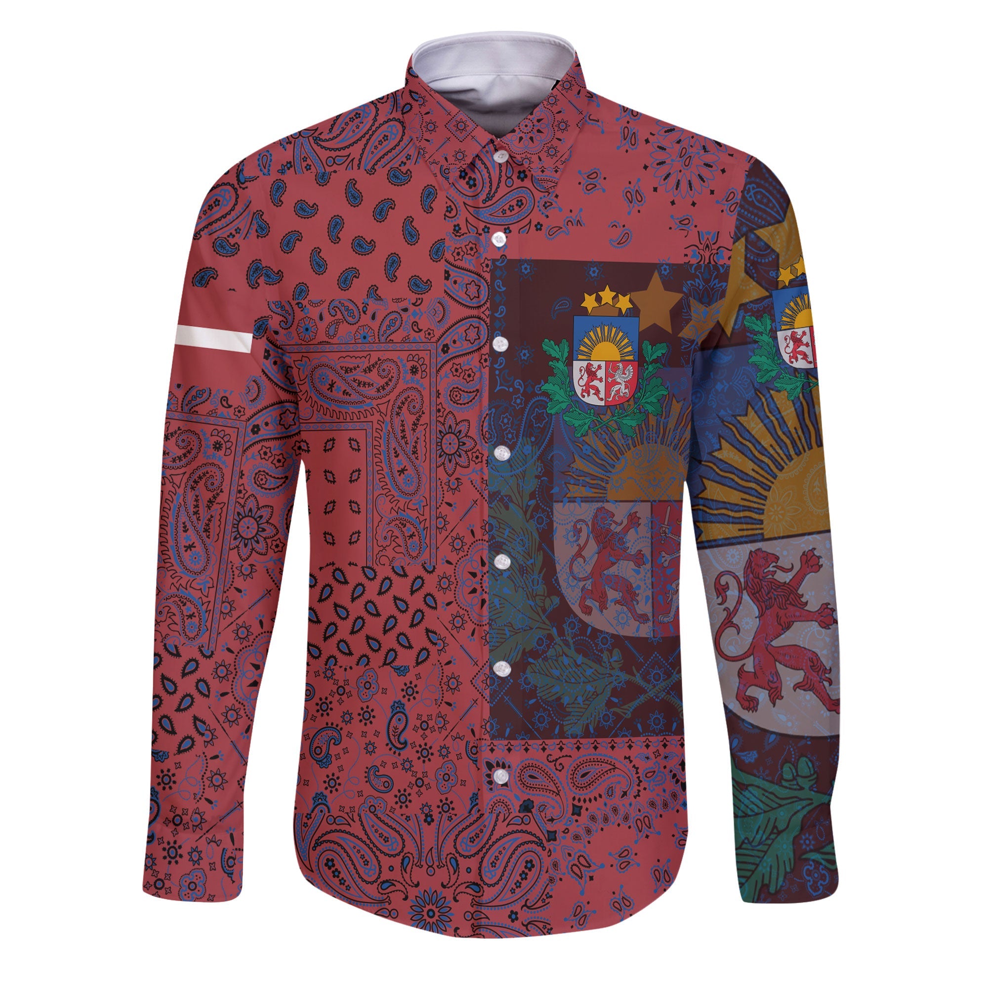 Latvia Long Sleeve Button Shirt Paisley Flag And Skull Style 1