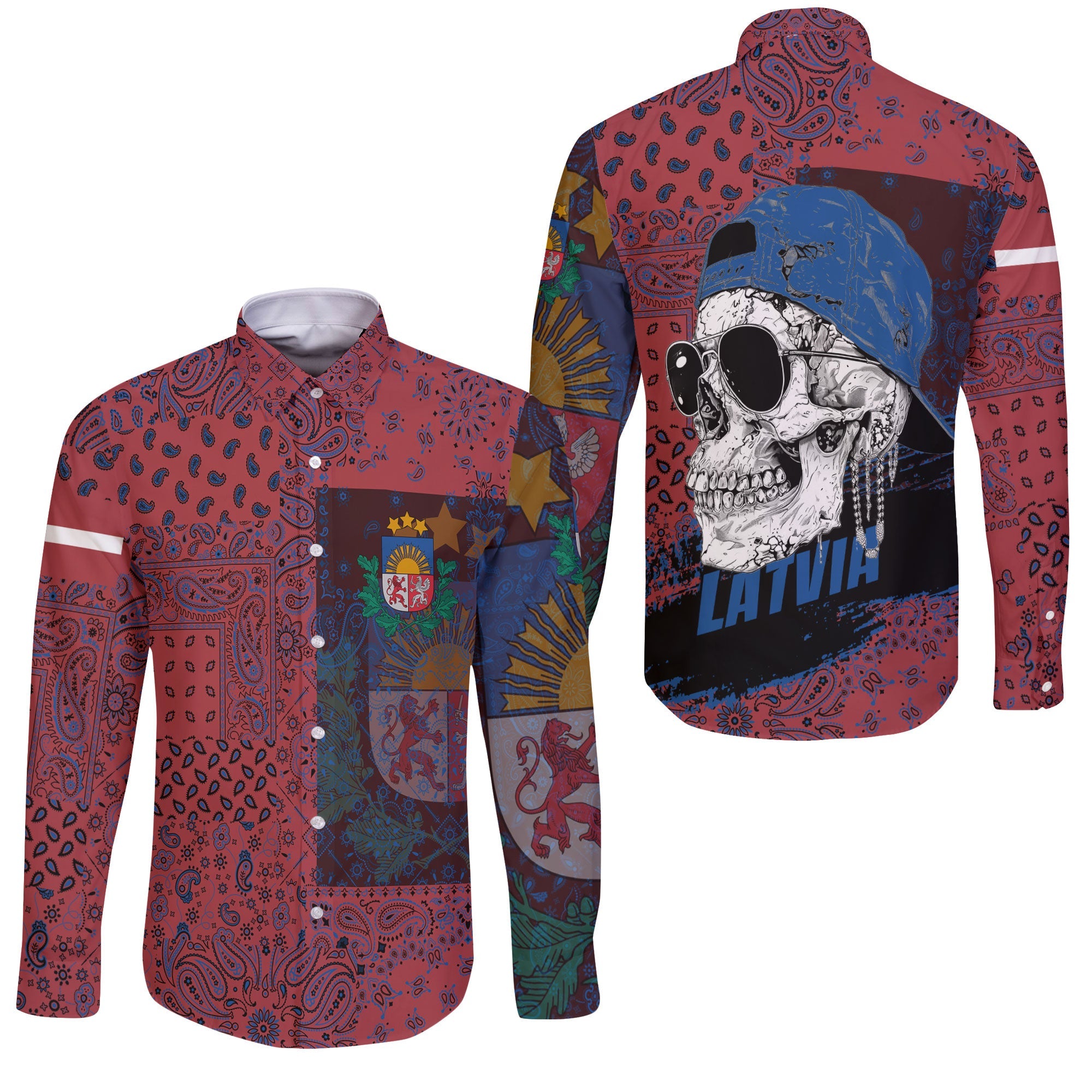 Latvia Long Sleeve Button Shirt Paisley Flag And Skull Style 3