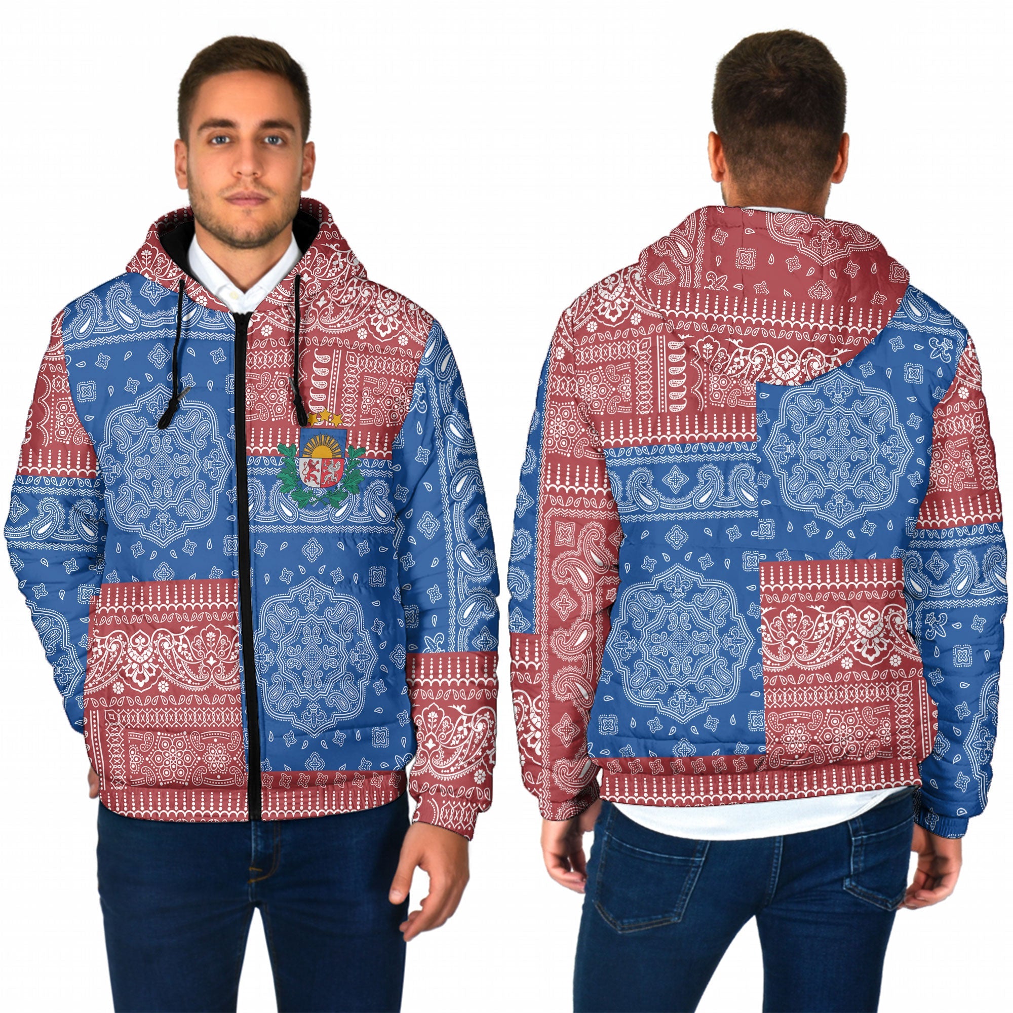 Latvia Men Hooded Padded Jacket Flag And Paisley Basic Style 1