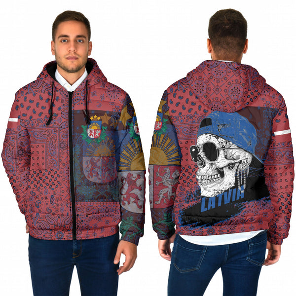 Latvia Men Hooded Padded Jacket Paisley Flag And Skull Style 1