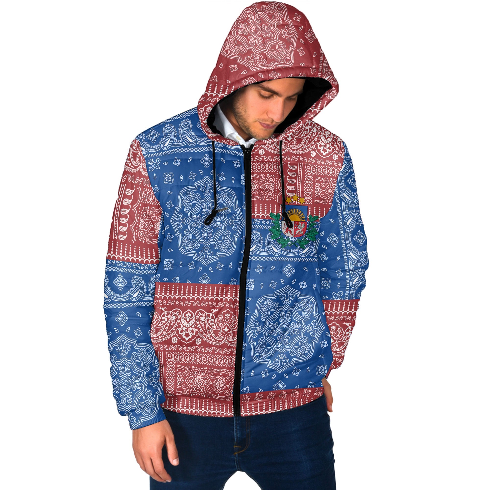 Latvia Men Hooded Padded Jacket Flag And Paisley Basic Style 2