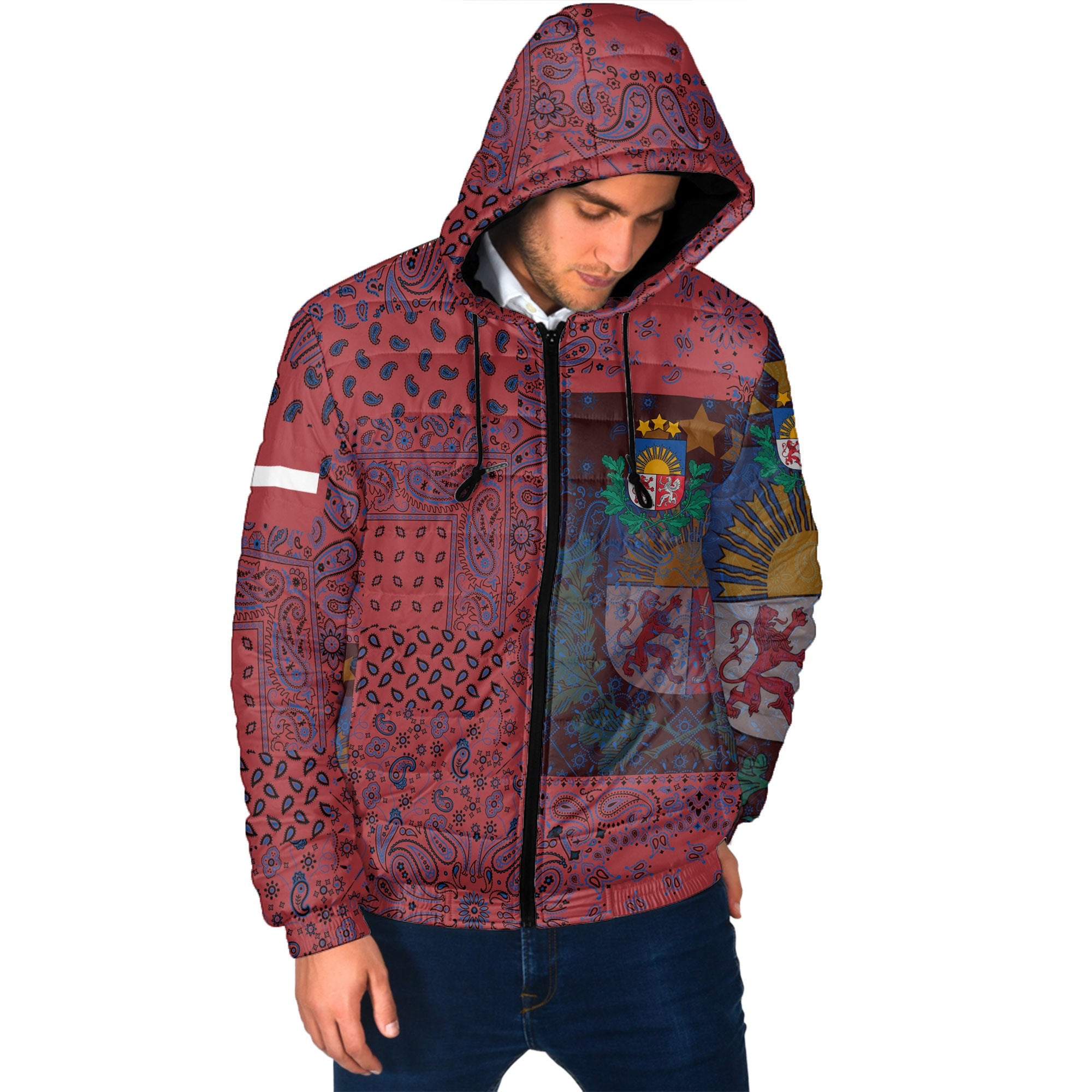 Latvia Men Hooded Padded Jacket Paisley Flag And Skull Style 2