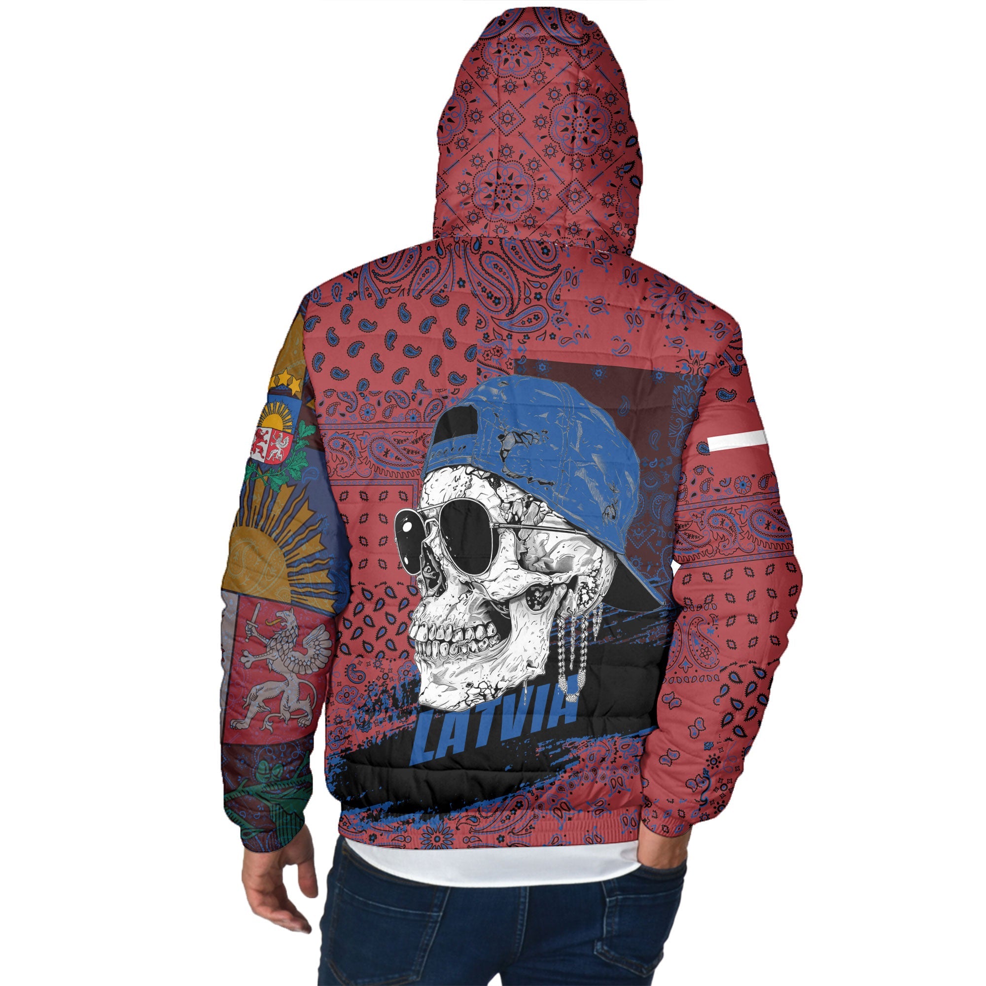 Latvia Men Hooded Padded Jacket Paisley Flag And Skull Style 3