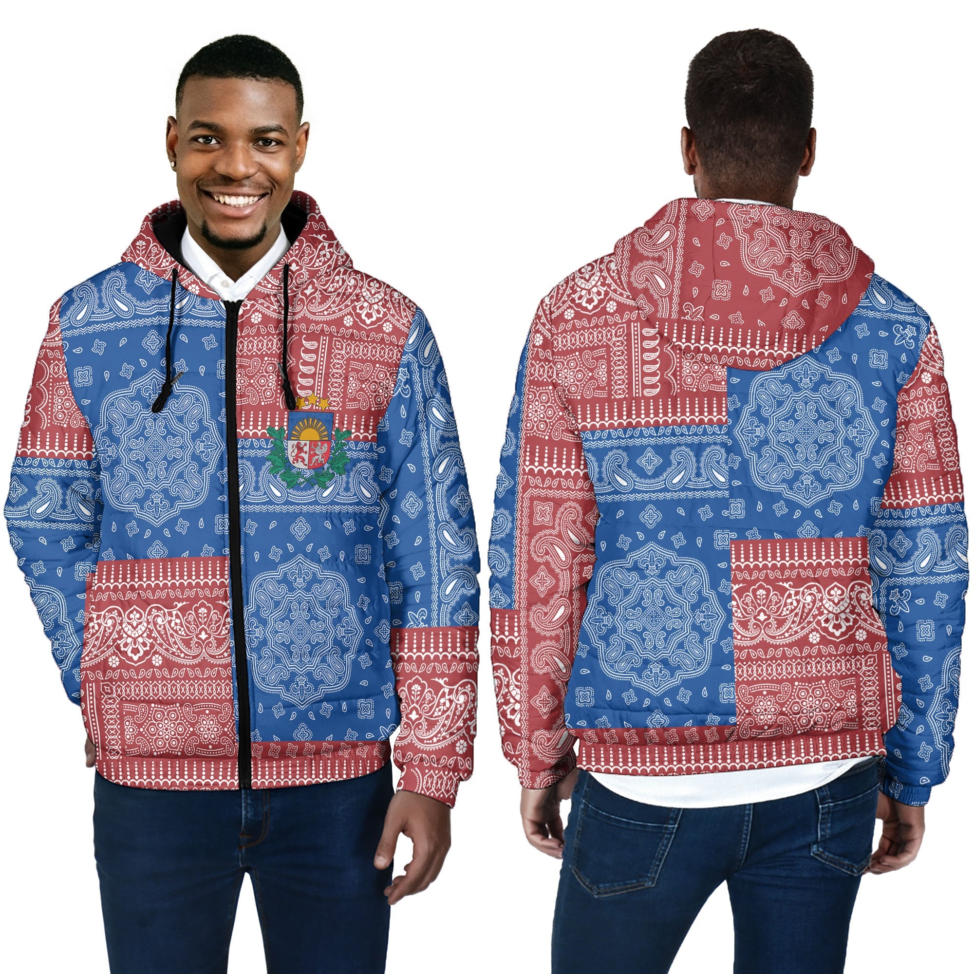 Latvia Men Hooded Padded Jacket Flag And Paisley Basic Style 4