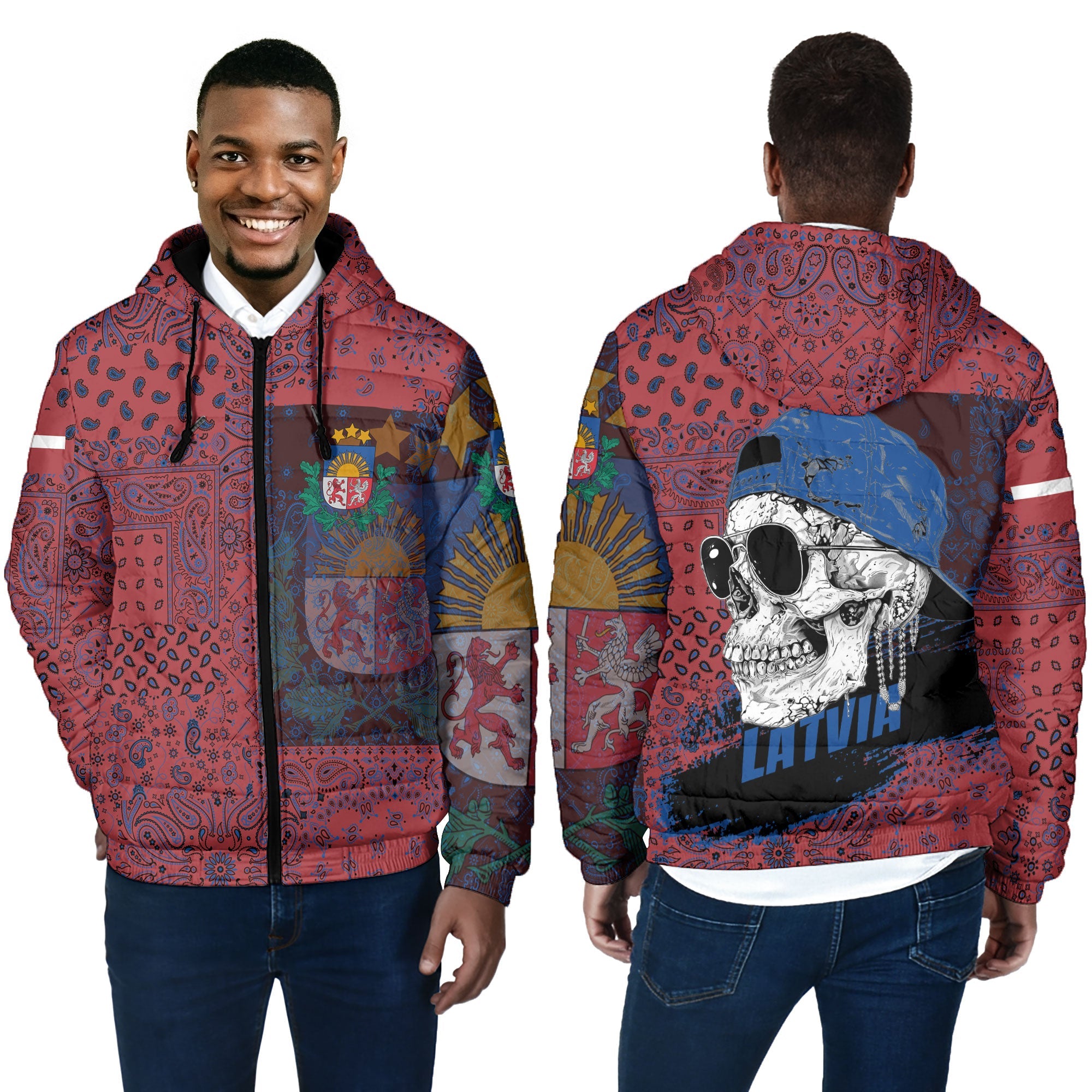 Latvia Men Hooded Padded Jacket Paisley Flag And Skull Style 4