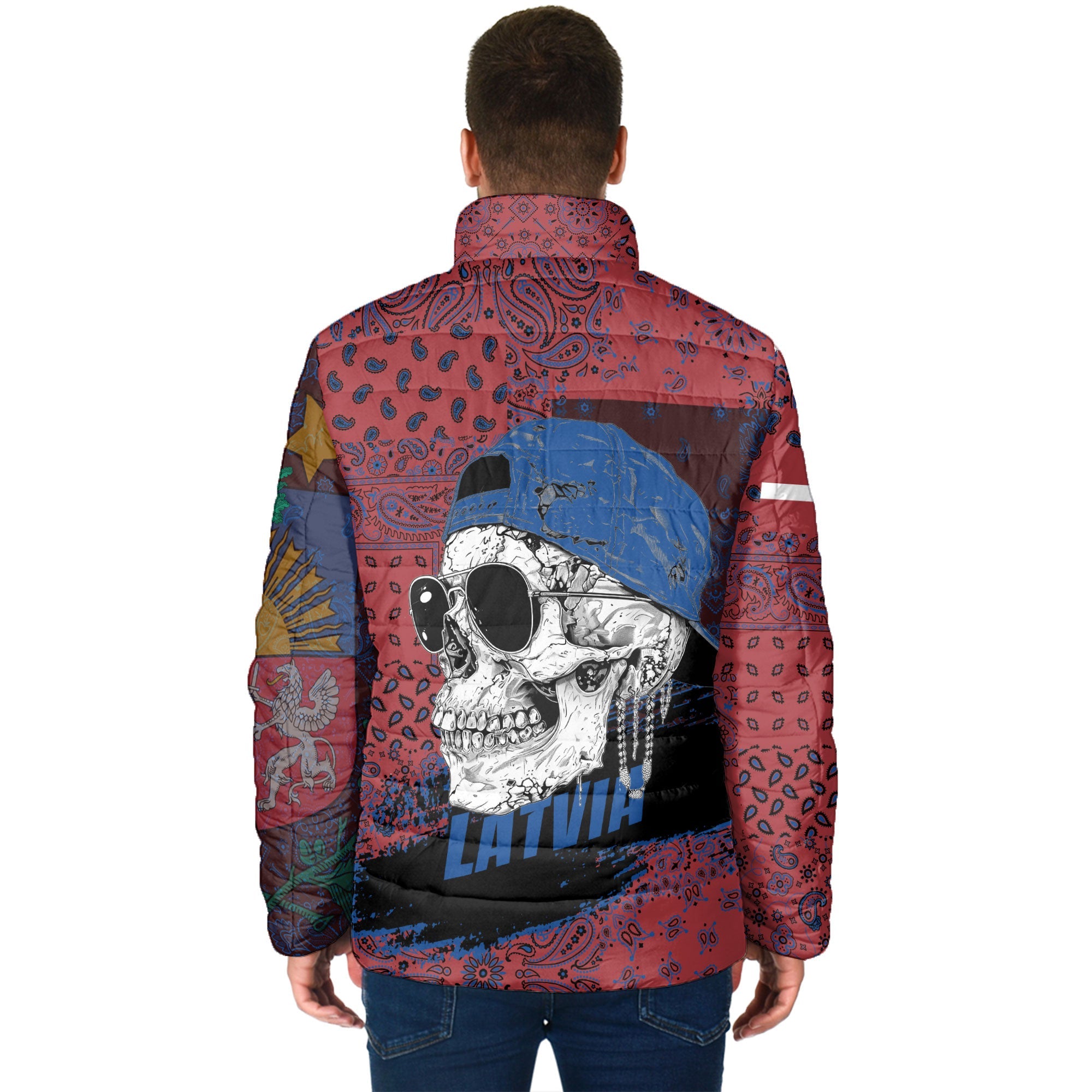 Latvia Men Padded Jacket Paisley Flag And Skull Style 2