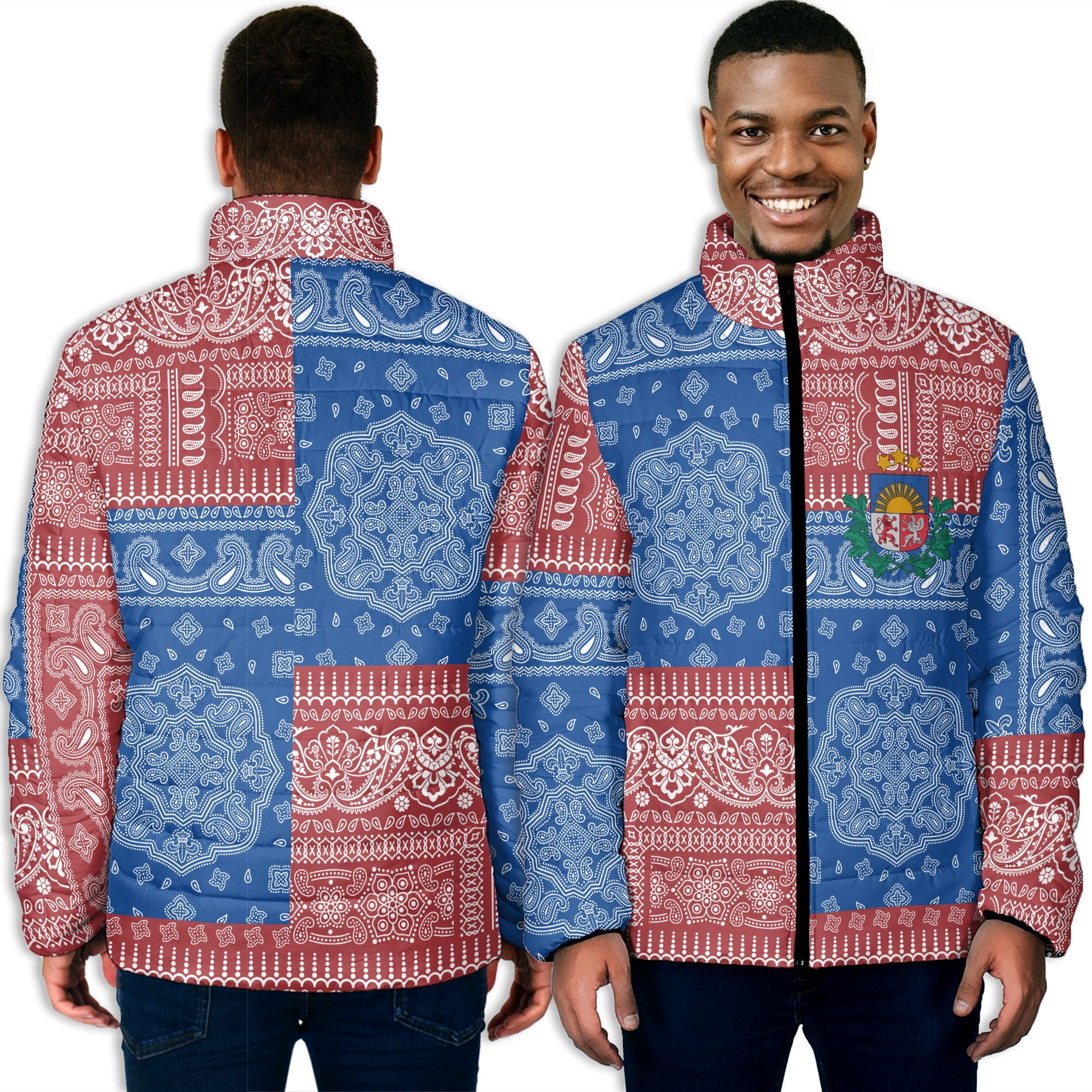 Latvia Men Padded Jacket Flag And Paisley Basic Style 3