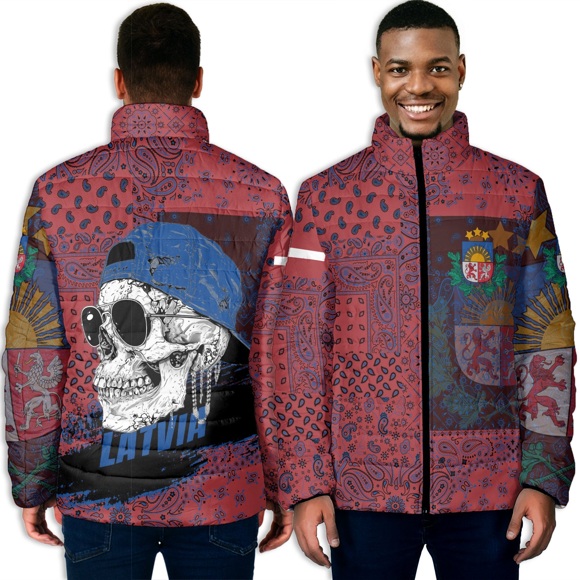 Latvia Men Padded Jacket Paisley Flag And Skull Style 3