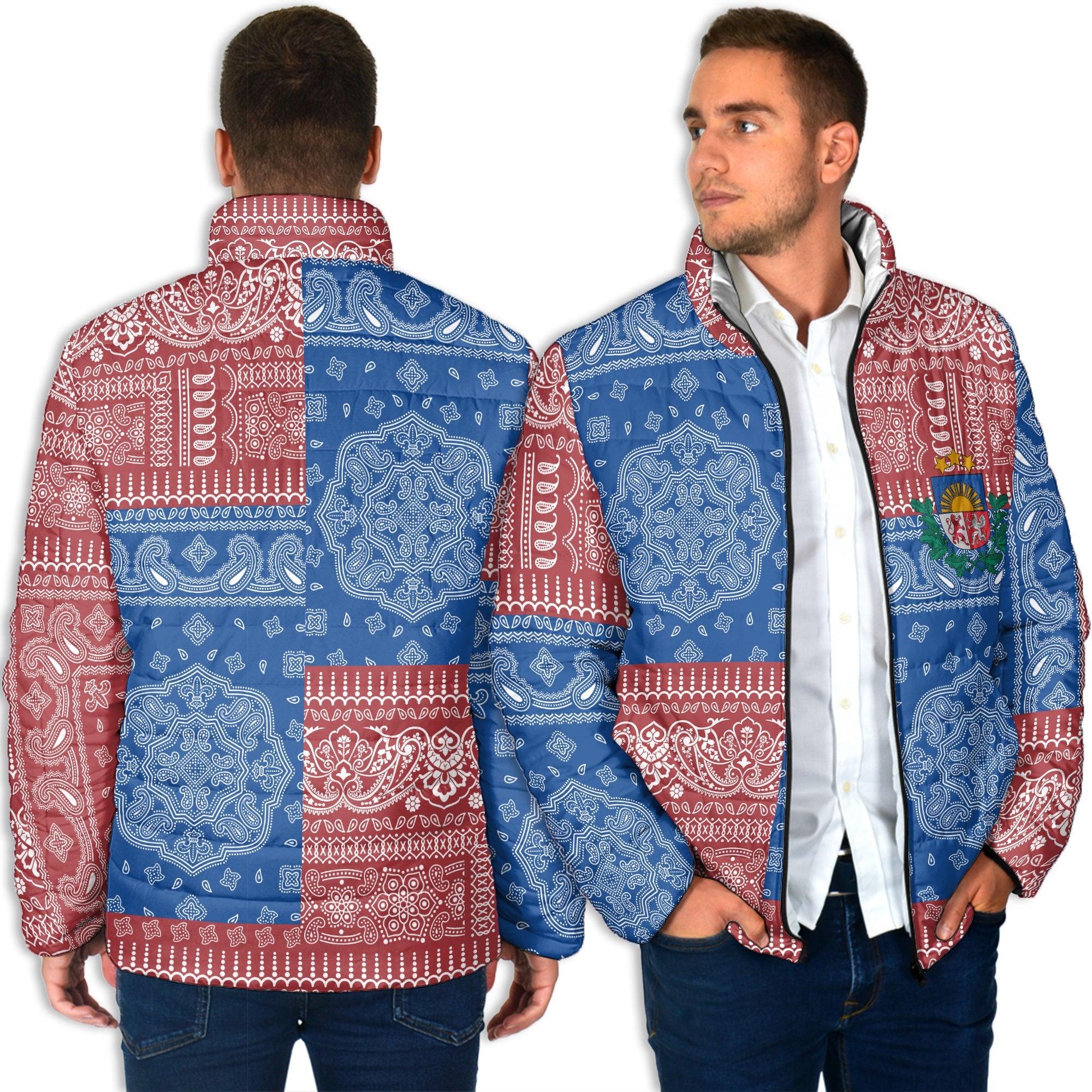 Latvia Men Padded Jacket Flag And Paisley Basic Style 4