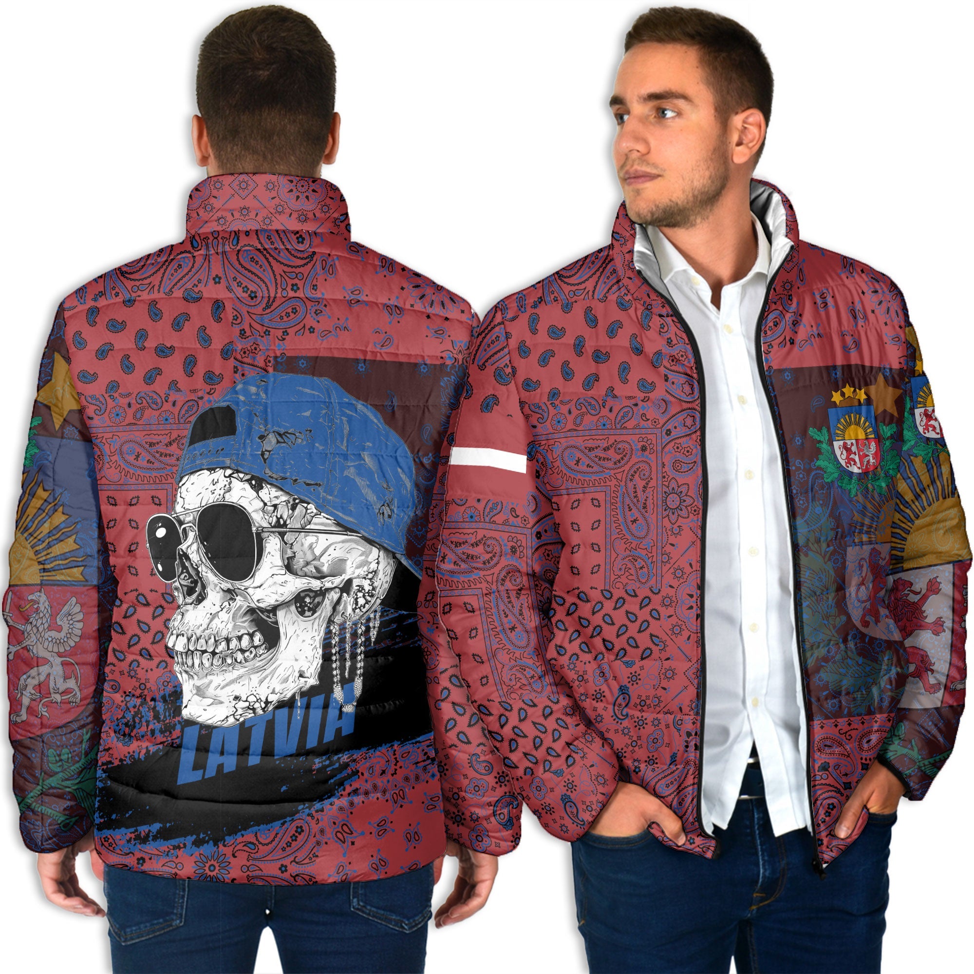 Latvia Men Padded Jacket Paisley Flag And Skull Style 4