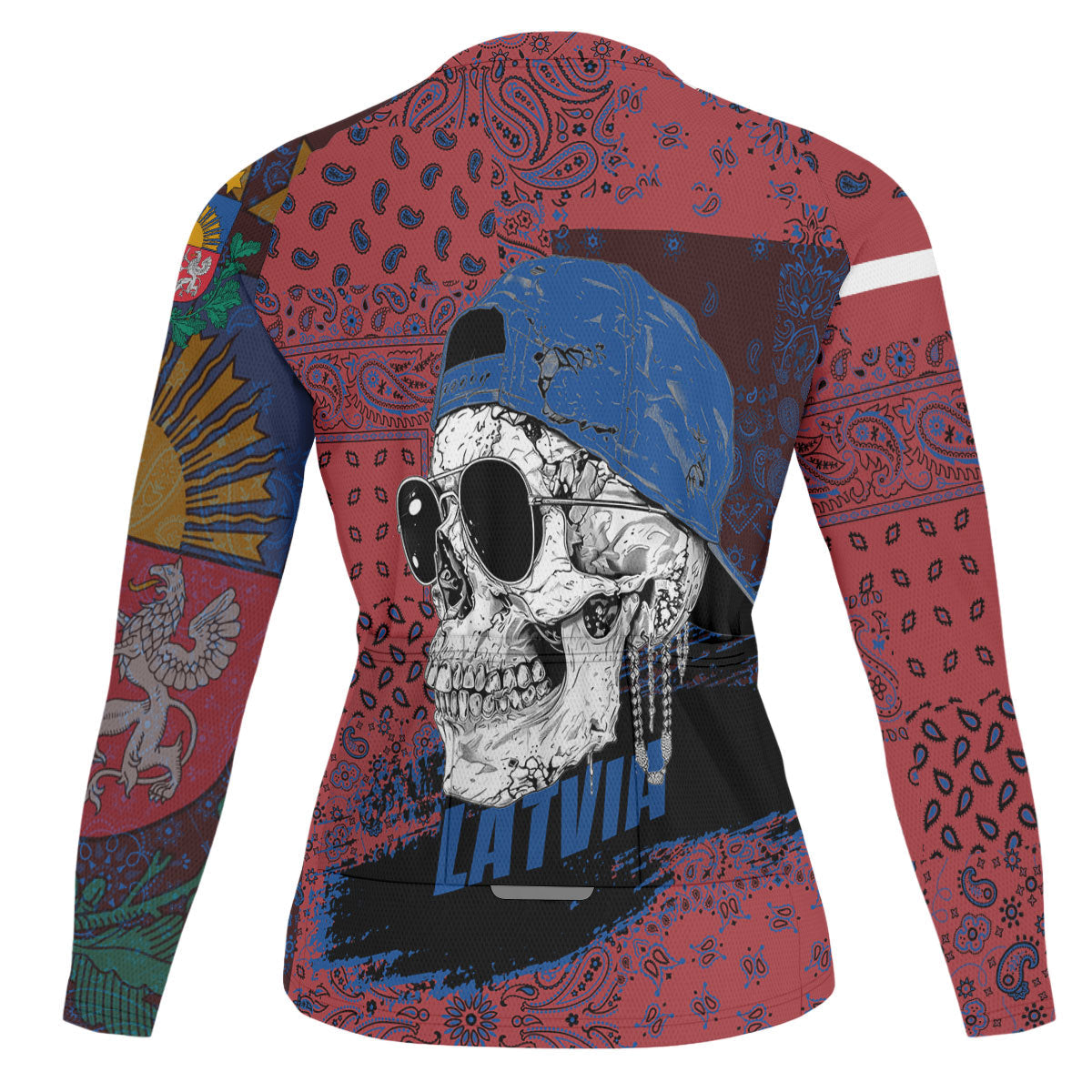 Latvia Raglan Men Cycling Jersey Long Sleeve Paisley Flag And Skull Style 2